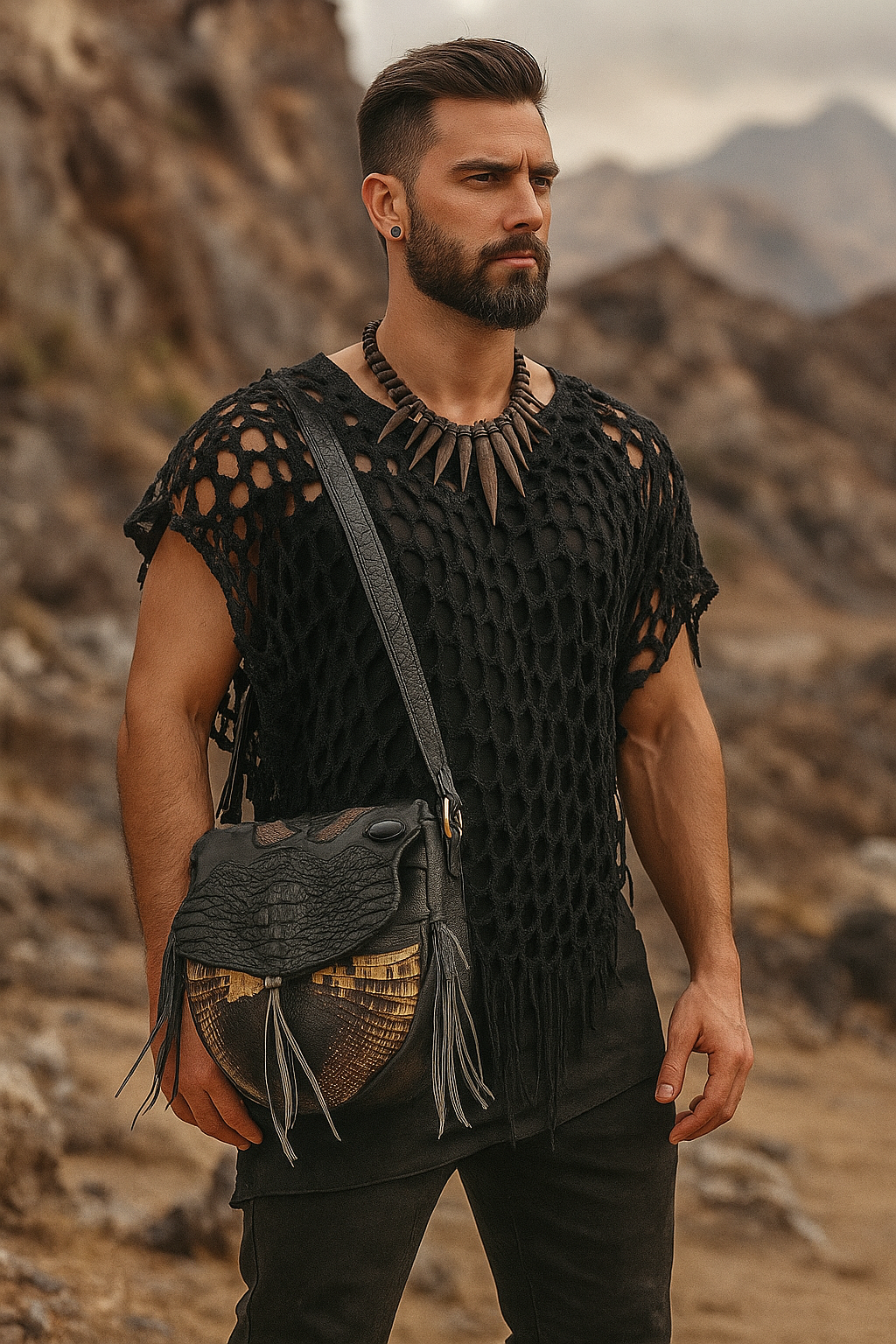 Artisan Armadillo Shell Bag with Alligator Hornback Crown, Obsidian Stone & Antler – One of a Kind
