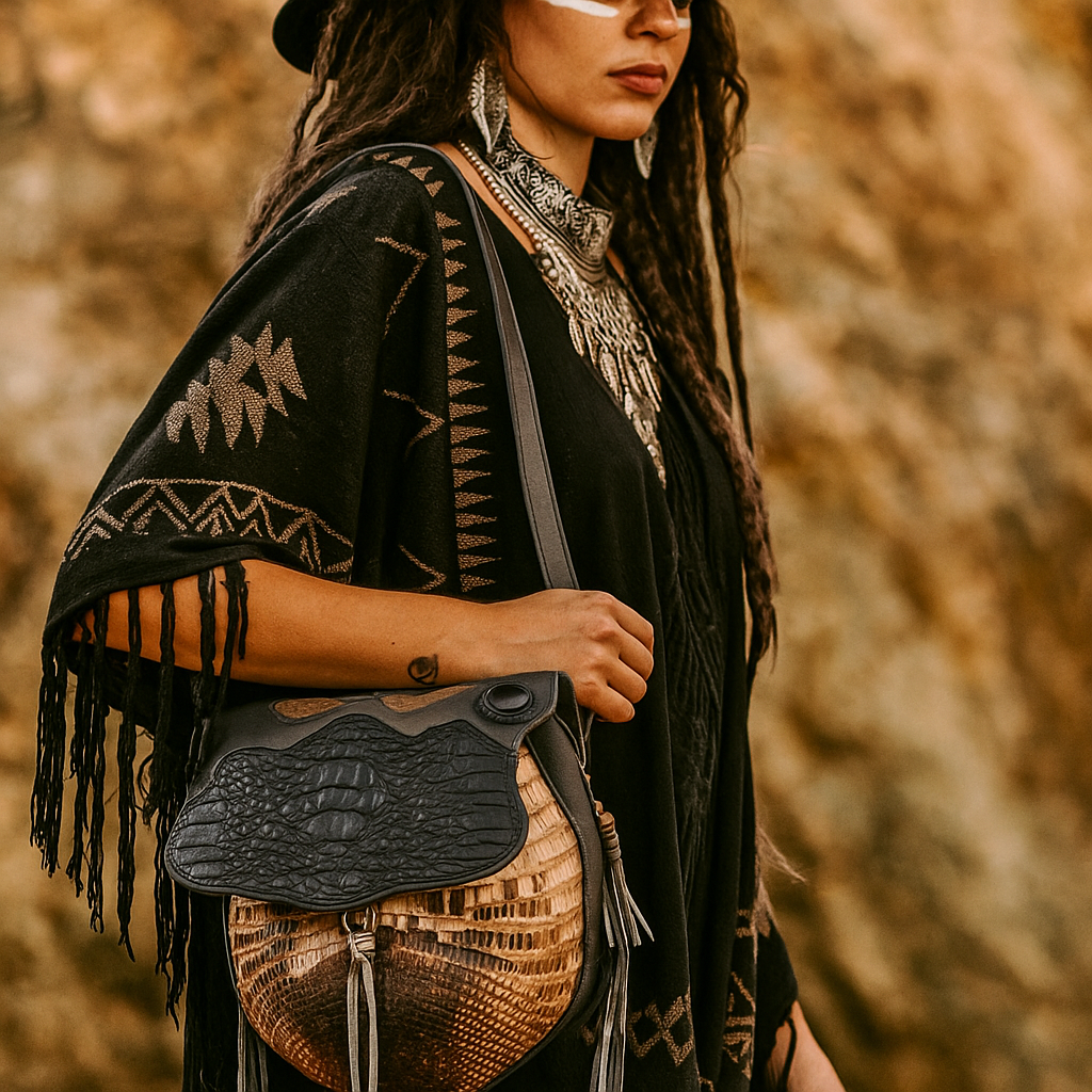 Artisan Armadillo Shell Bag with Alligator Hornback Crown, Obsidian Stone & Antler – One of a Kind