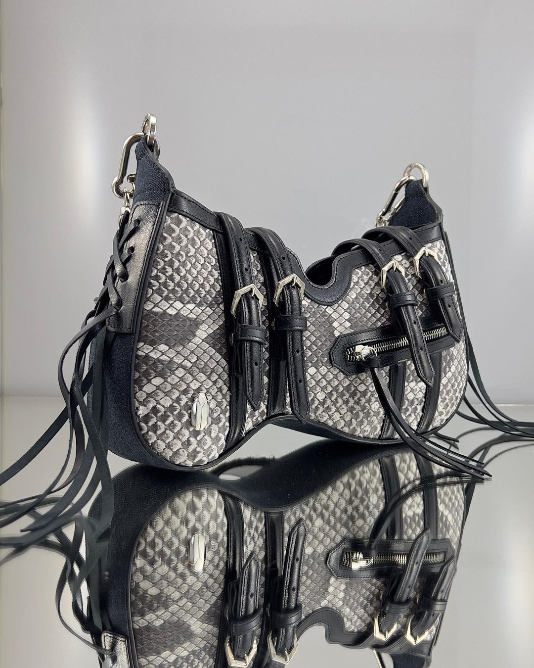 Python Snakeskin Black Saddle Bag with Fringe | Exotic Boho Leather Crossbody