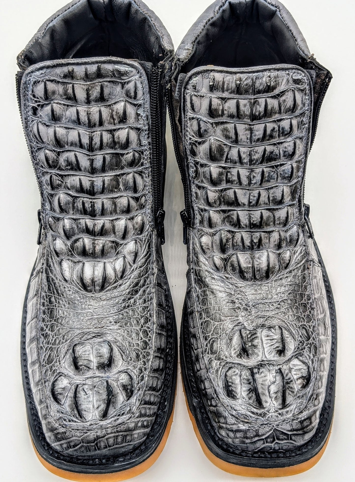 Sobek's Hornback Alligator Ostrich Ankle Boots, Chelsea Boots, Dual Zipper, Goodyear Welt, Lug Sole, Handmade Exotic Leather