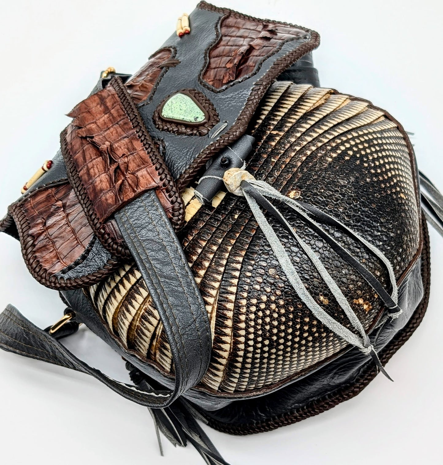 Bohemian Armadillo Shell Alligator Tail Flap Whipstitch Leather Bag with Turquoise Stone, Antler Bone Closure and Fringe