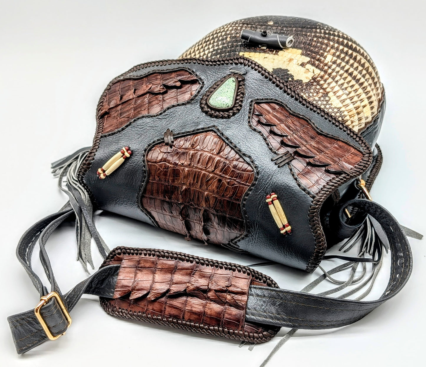 Bohemian Armadillo Shell Alligator Tail Flap Whipstitch Leather Bag with Turquoise Stone, Antler Bone Closure and Fringe