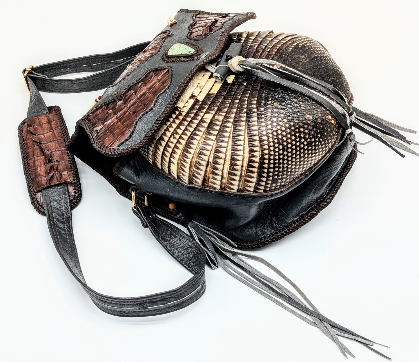 Bohemian Armadillo Shell Alligator Tail Flap Whipstitch Leather Bag with Turquoise Stone, Antler Bone Closure and Fringe