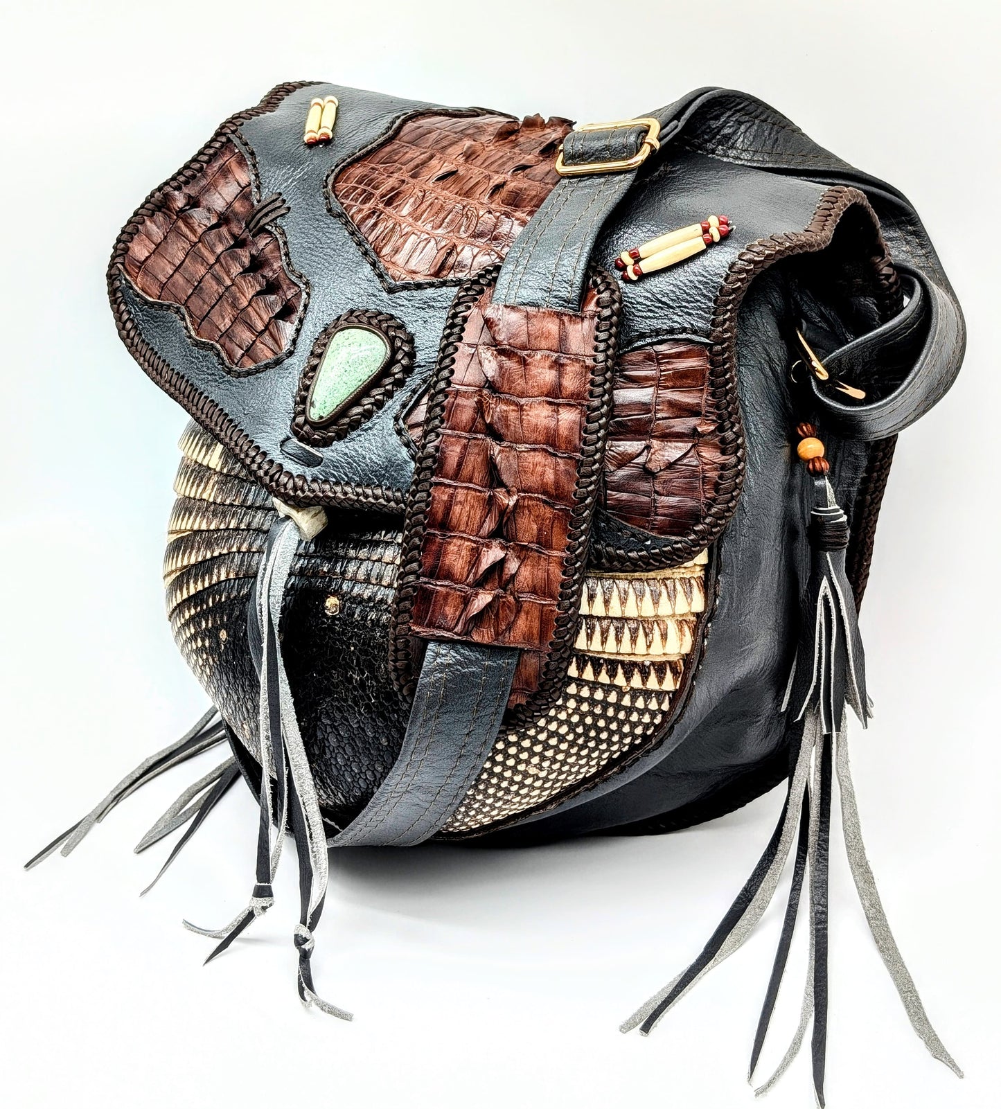 Bohemian Armadillo Shell Alligator Tail Flap Whipstitch Leather Bag with Turquoise Stone, Antler Bone Closure and Fringe
