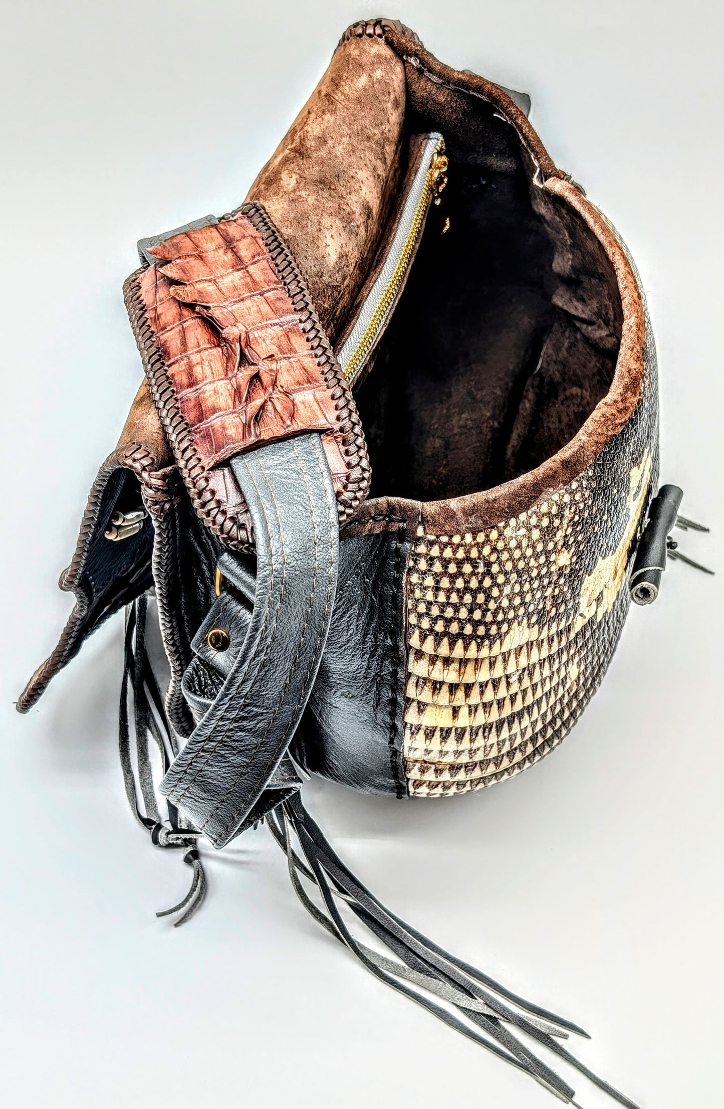 Bohemian Armadillo Shell Alligator Tail Flap Whipstitch Leather Bag with Turquoise Stone, Antler Bone Closure and Fringe