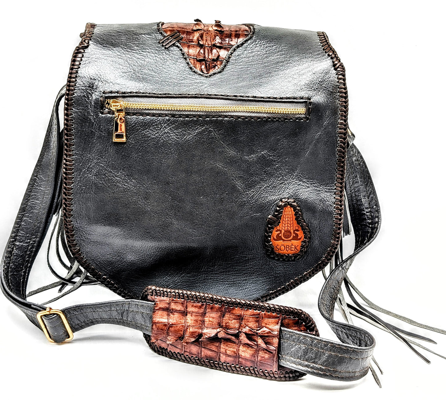 Bohemian Armadillo Shell Alligator Tail Flap Whipstitch Leather Bag with Turquoise Stone, Antler Bone Closure and Fringe