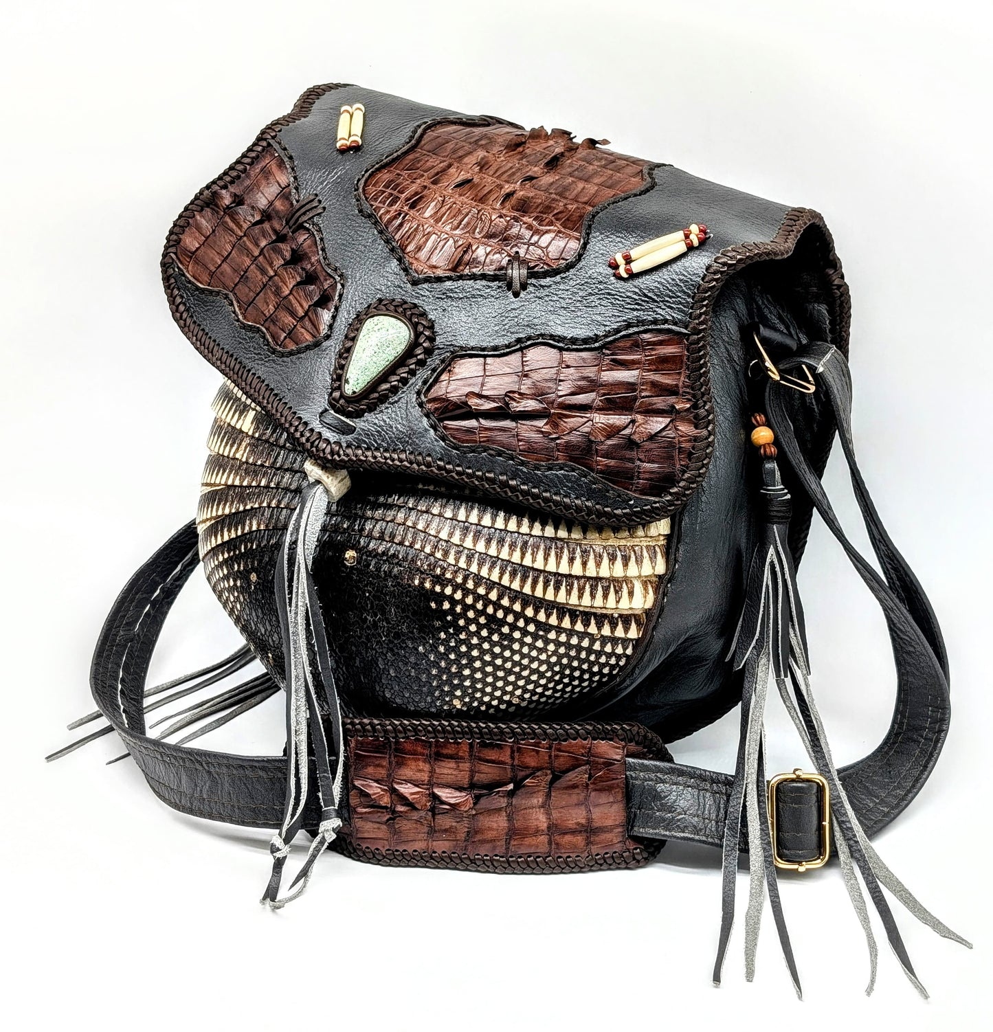 Bohemian Armadillo Shell Alligator Tail Flap Whipstitch Leather Bag with Turquoise Stone, Antler Bone Closure and Fringe