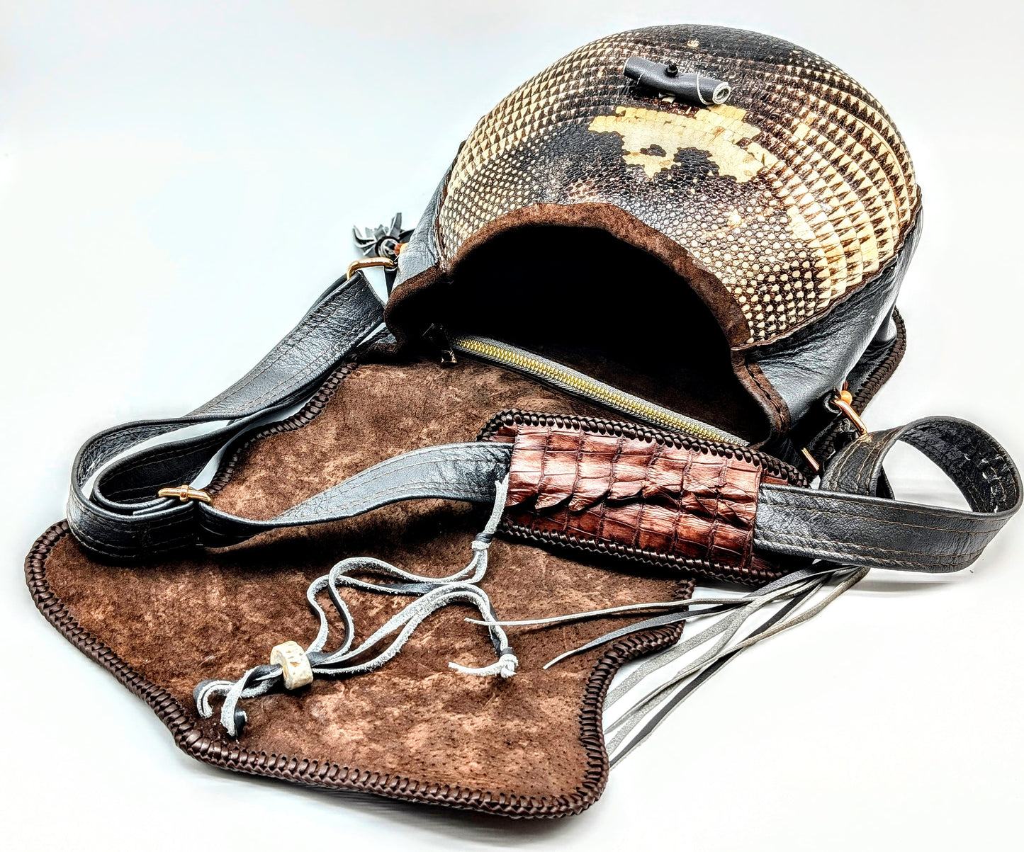 Bohemian Armadillo Shell Alligator Tail Flap Whipstitch Leather Bag with Turquoise Stone, Antler Bone Closure and Fringe
