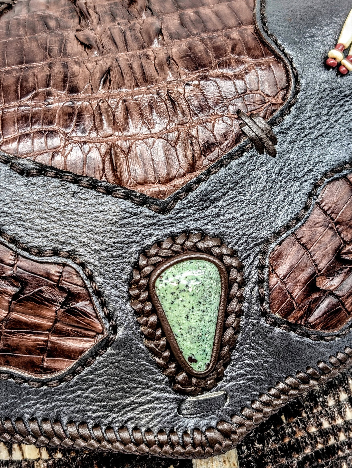 Bohemian Armadillo Shell Alligator Tail Flap Whipstitch Leather Bag with Turquoise Stone, Antler Bone Closure and Fringe