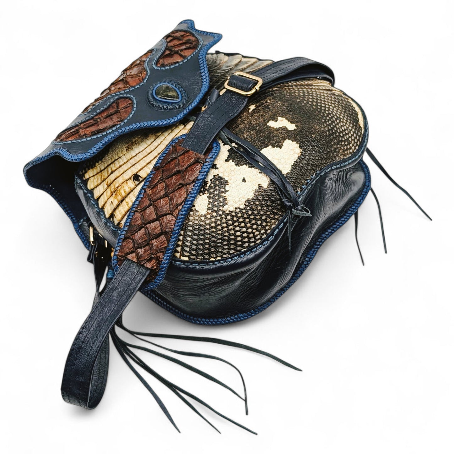 Bohemian Armadillo Shell Bag with Pirarucu Leather, Labradorite Stone, Fringe & Antler Bone