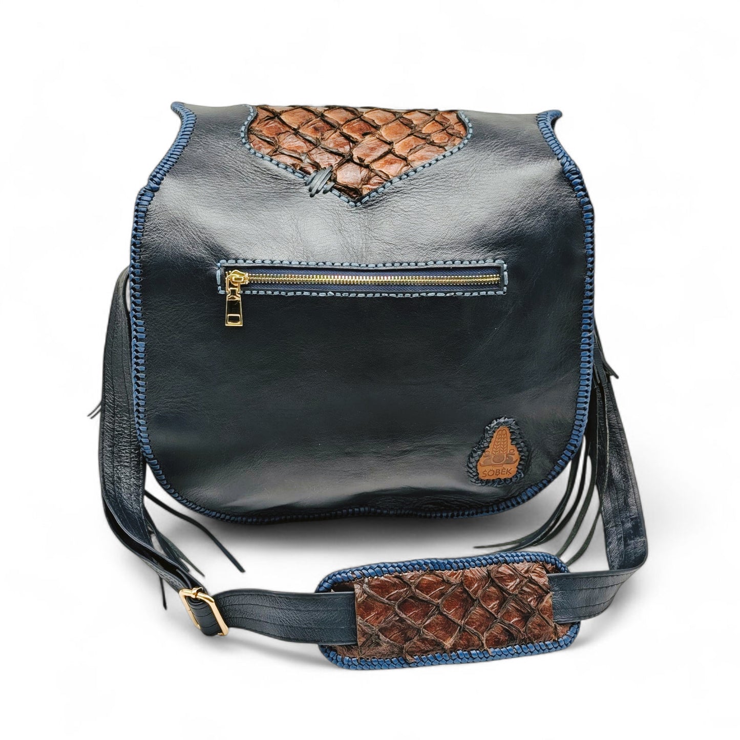 Bohemian Armadillo Shell Bag with Pirarucu Leather, Labradorite Stone, Fringe & Antler Bone