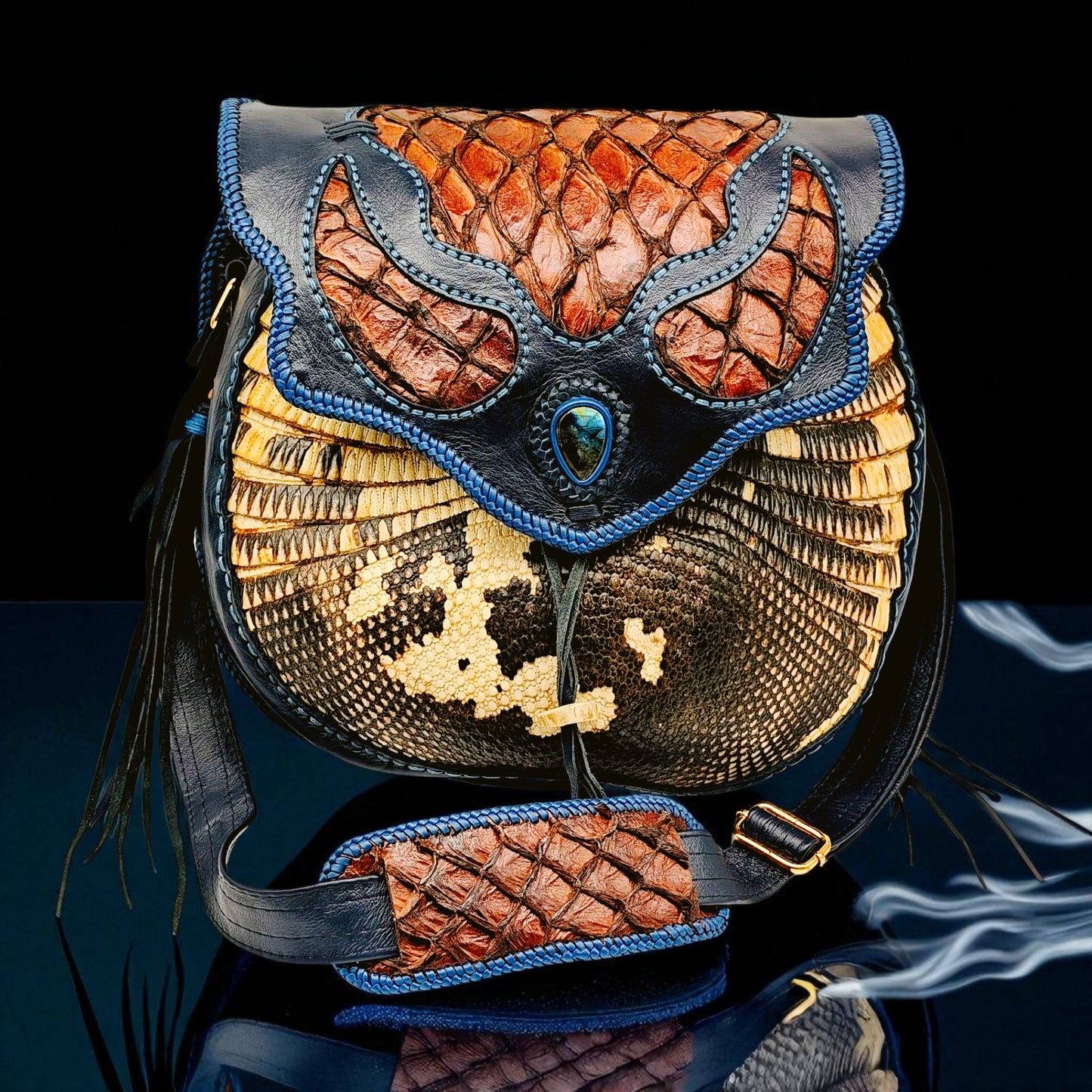 Bohemian Armadillo Shell Bag with Pirarucu Leather, Labradorite Stone, Fringe & Antler Bone