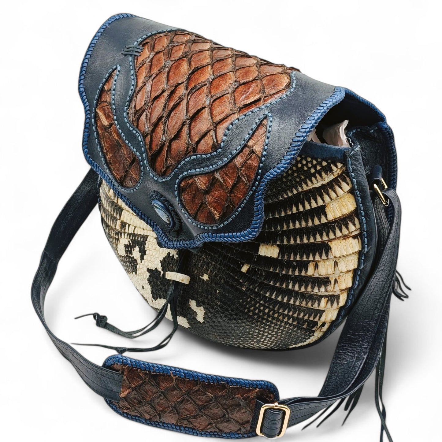 Bohemian Armadillo Shell Bag with Pirarucu Leather, Labradorite Stone, Fringe & Antler Bone