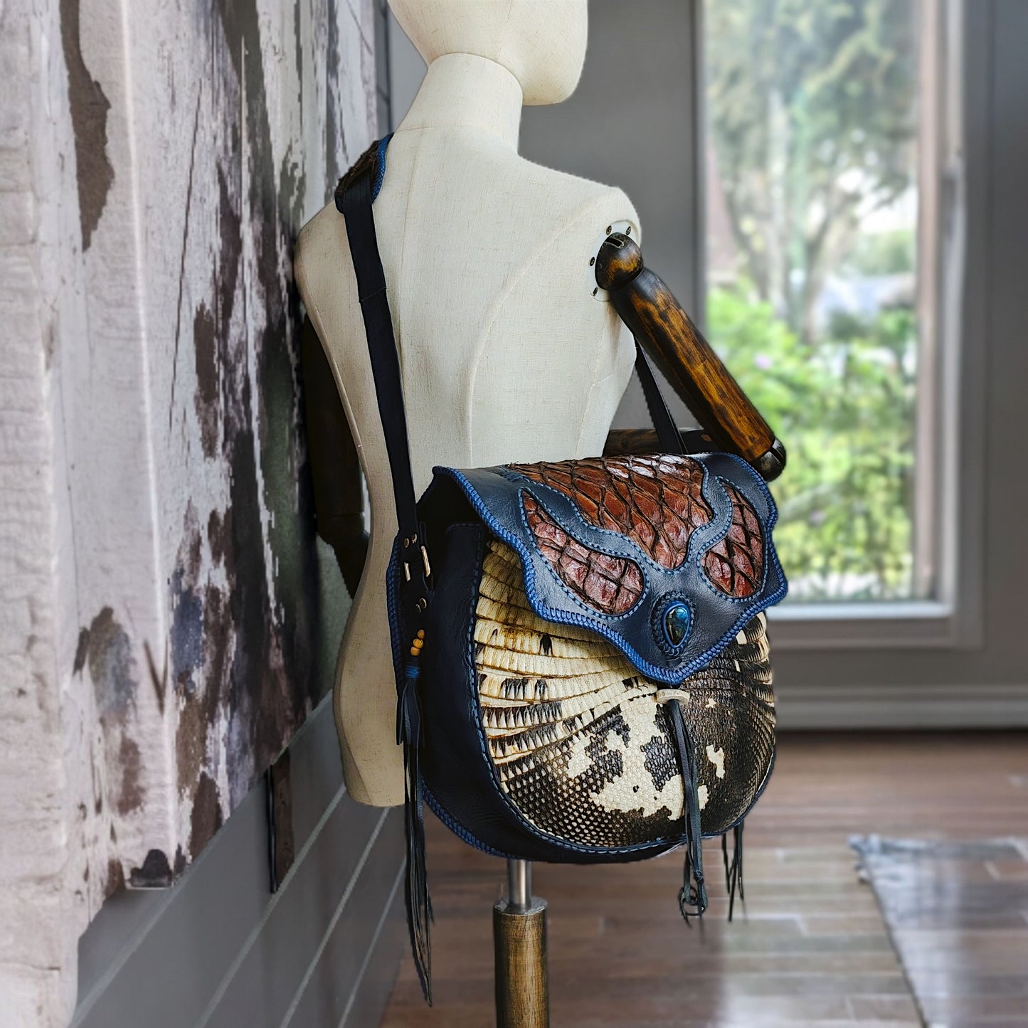Bohemian Armadillo Shell Bag with Pirarucu Leather, Labradorite Stone, Fringe & Antler Bone