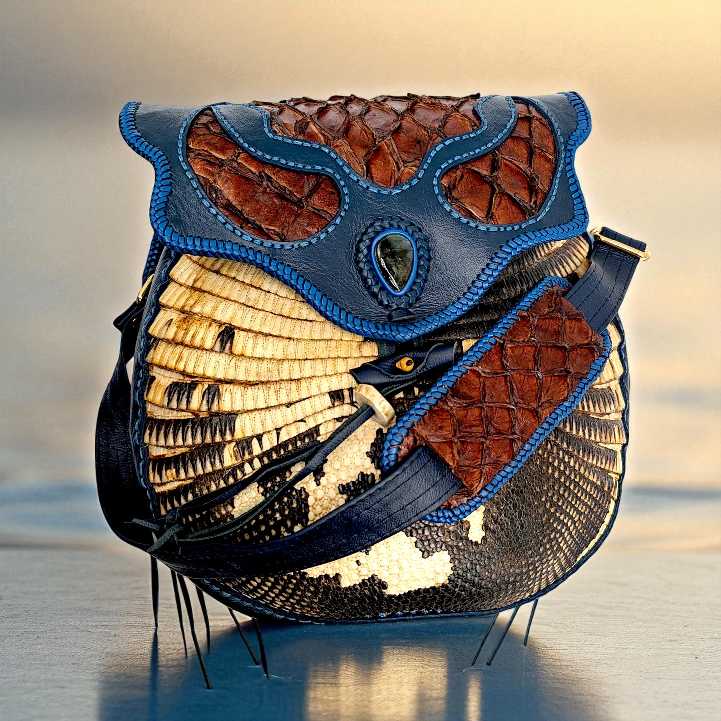 Bohemian Armadillo Shell Bag with Pirarucu Leather, Labradorite Stone, Fringe & Antler Bone