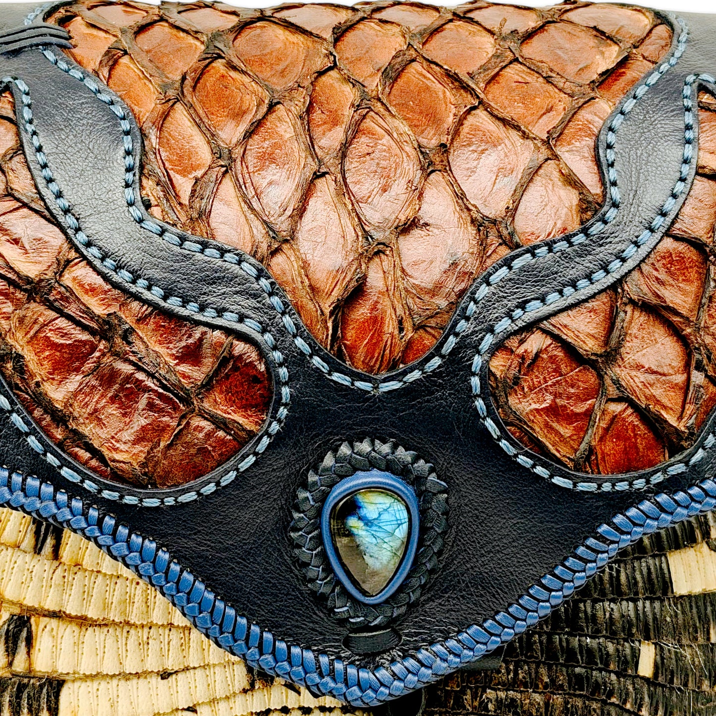 Bohemian Armadillo Shell Bag with Pirarucu Leather, Labradorite Stone, Fringe & Antler Bone