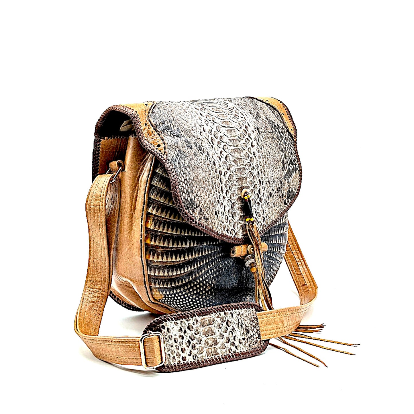 Bohemian Armadillo Shell Crossbody Bag| Snakeskin| Artisan Whipstitch Leather Bag| Antler Bone| Fringe| Southwestern Fashion