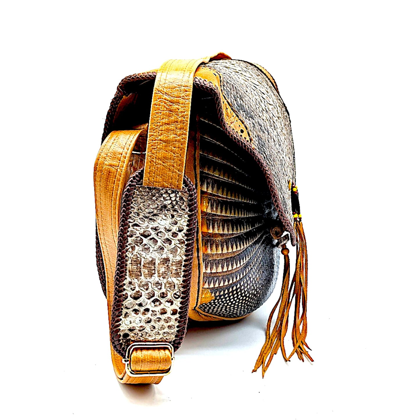 Bohemian Armadillo Shell Crossbody Bag| Snakeskin| Artisan Whipstitch Leather Bag| Antler Bone| Fringe| Southwestern Fashion
