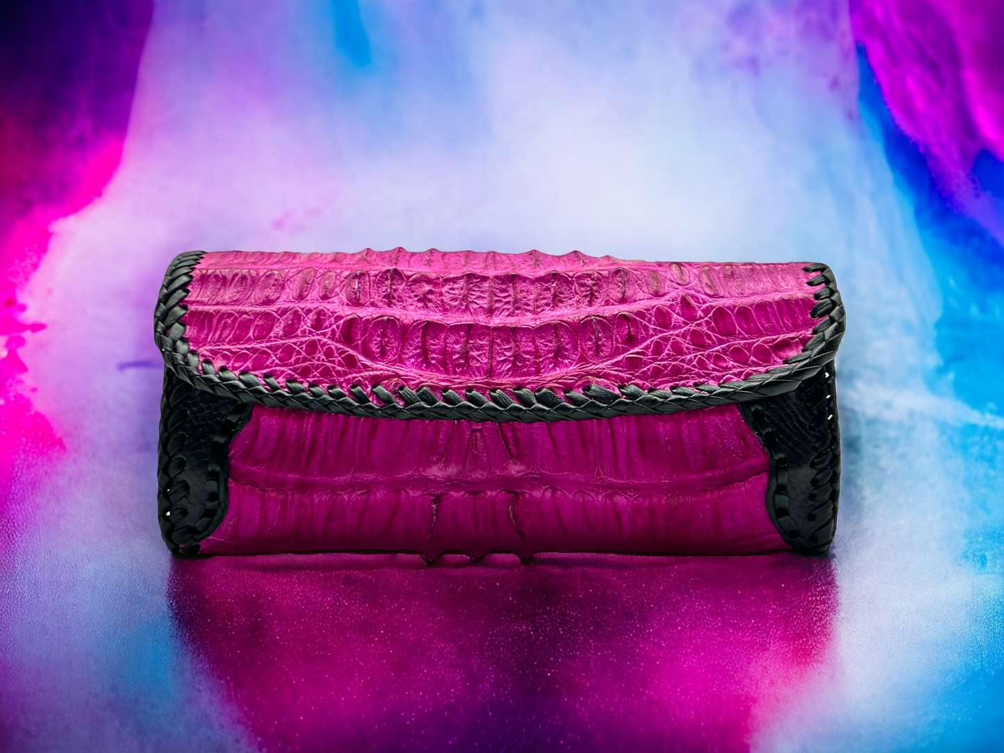 Trifecta Alligator Clutch in Fuscia and Artisan Whipstitch Leather
