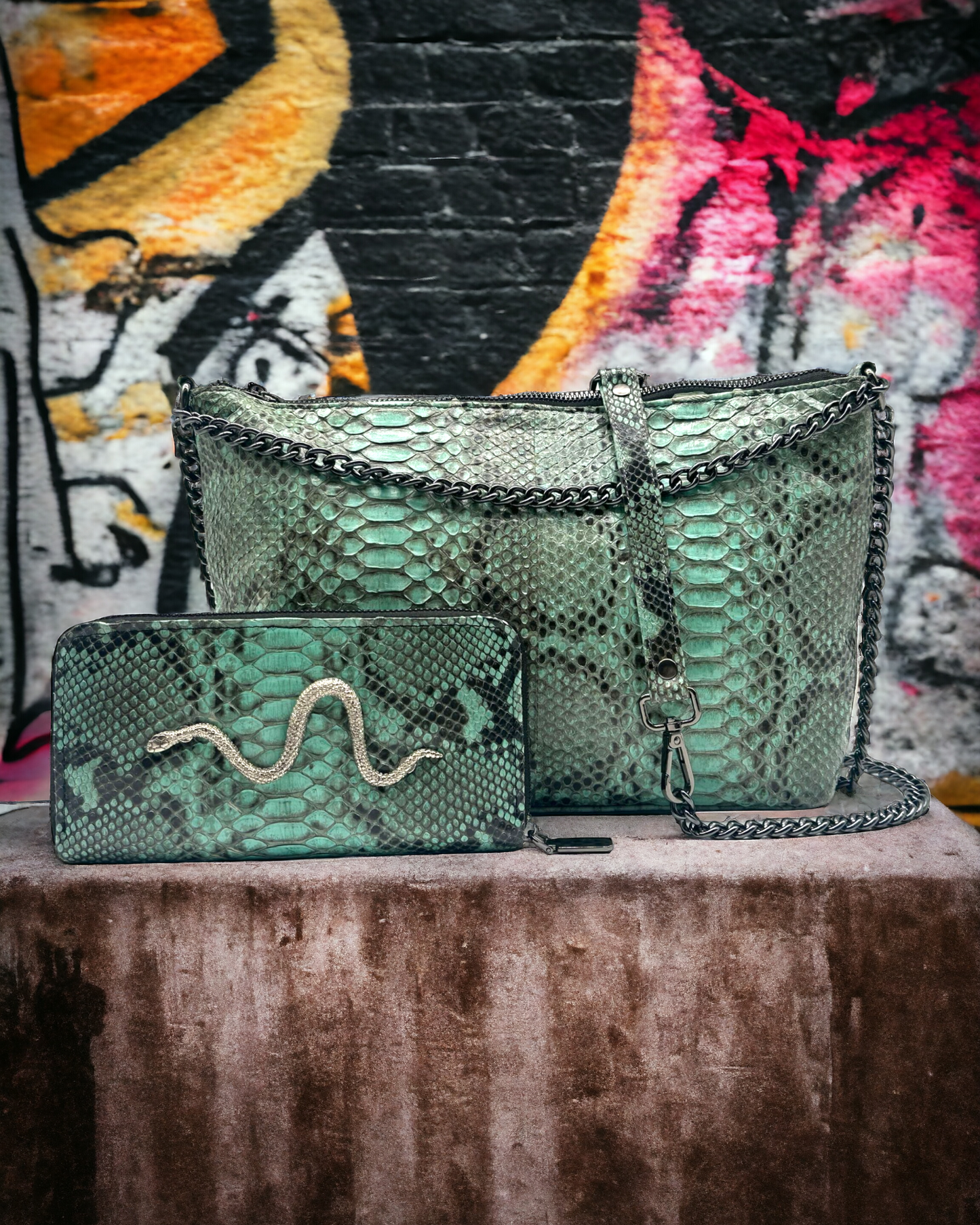 The Mint Snakeskin Chain Purse