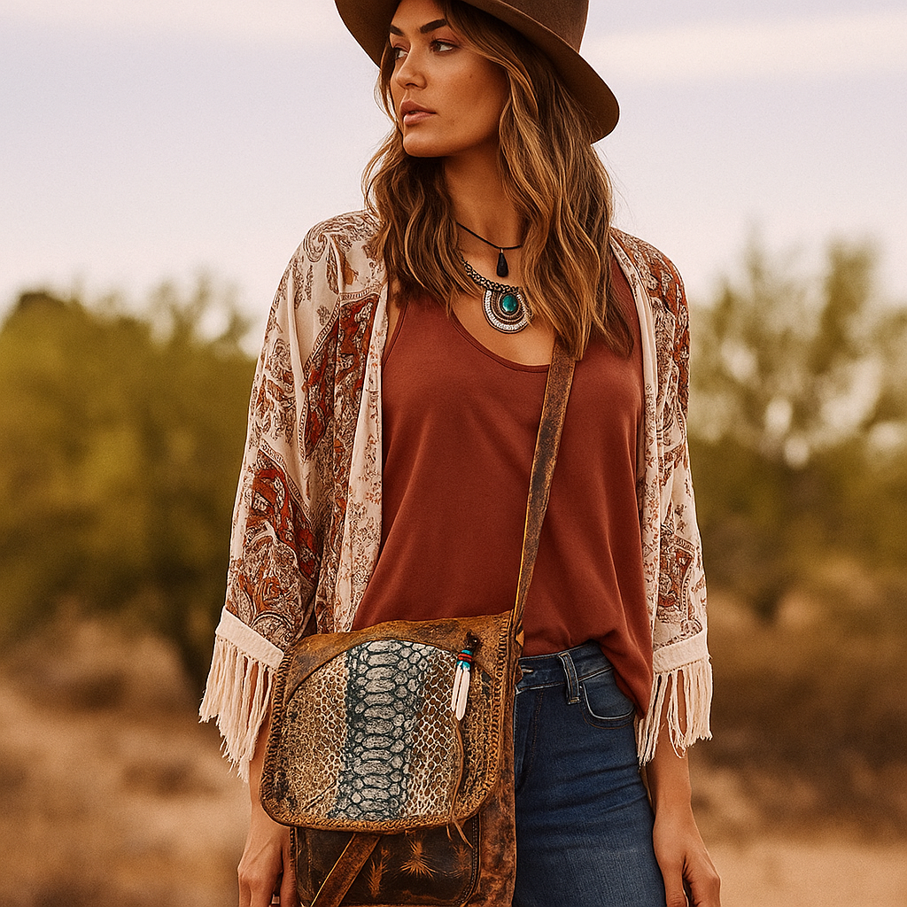Woman in a desert setting wearing a brown hat, red top, and patterned cardigan with a brown bag.