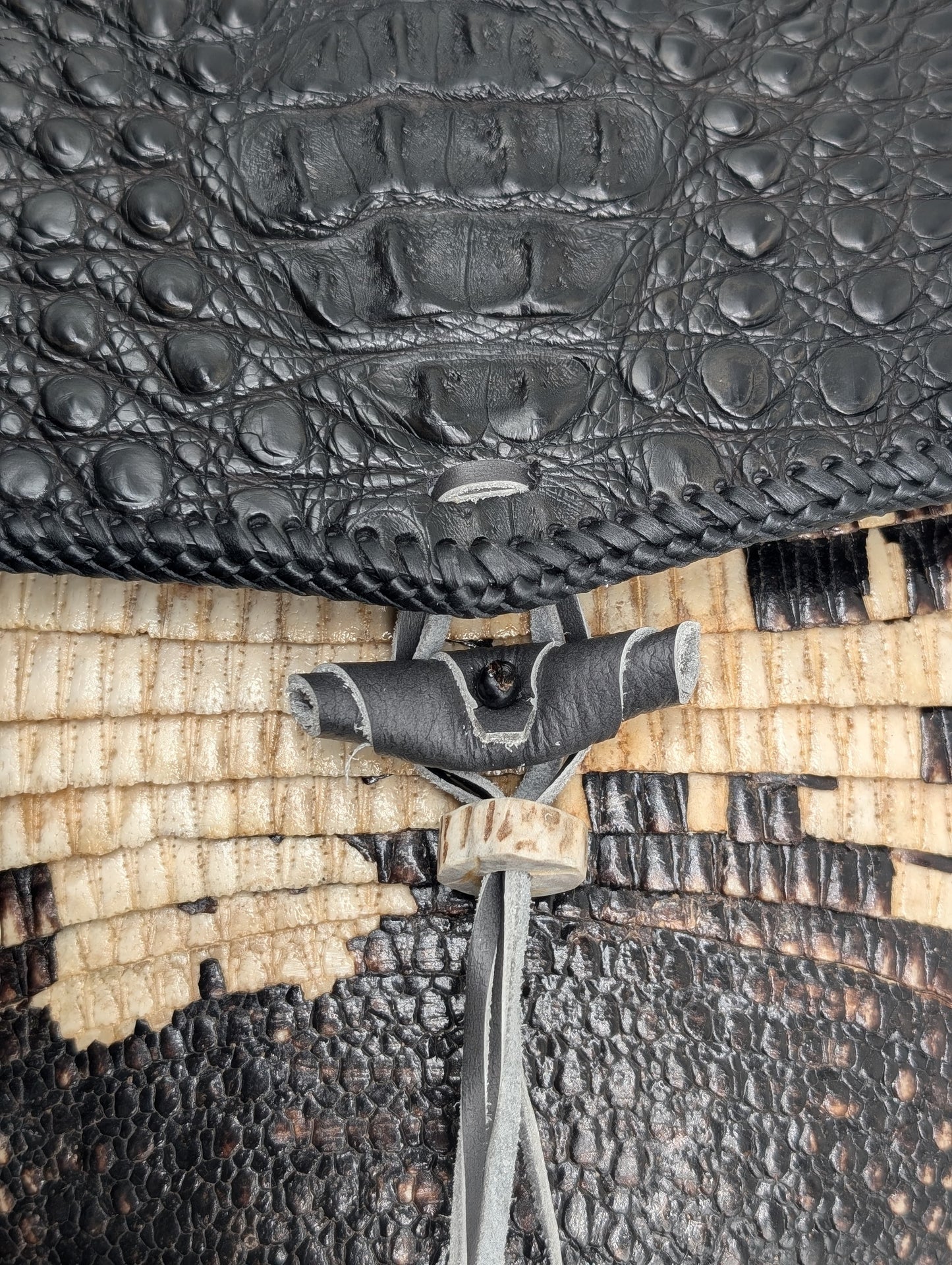 Artisan Armadillo Shell Bag with Alligator Hornback Crown, Obsidian Stone & Antler – One of a Kind