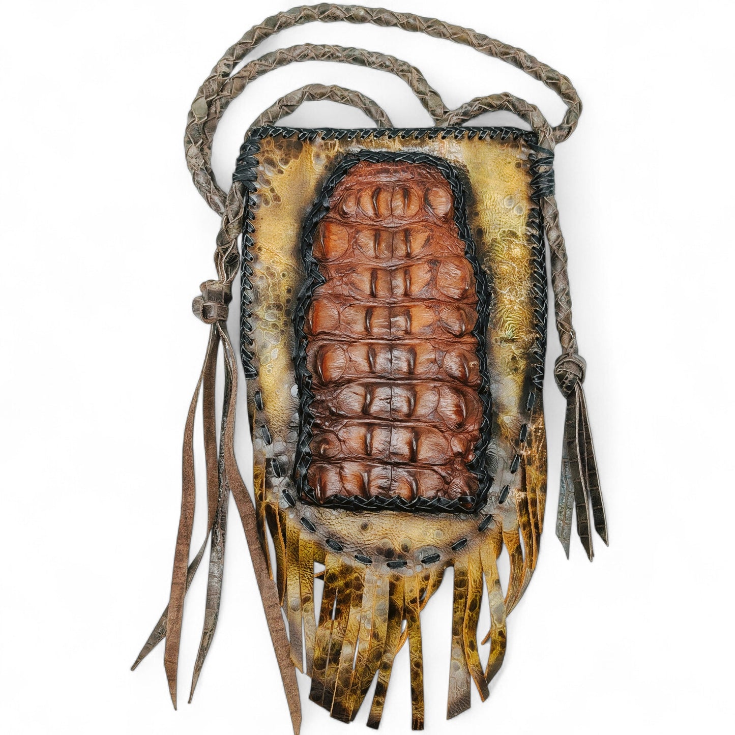 Handmade Alligator Hornback Fringe Pouch – Tribal-Inspired Crossbody or Hip Bag