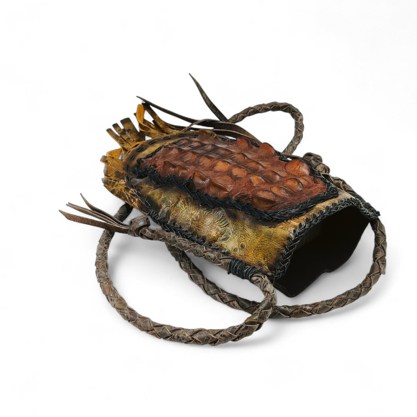 Handmade Alligator Hornback Fringe Pouch – Tribal-Inspired Crossbody or Hip Bag