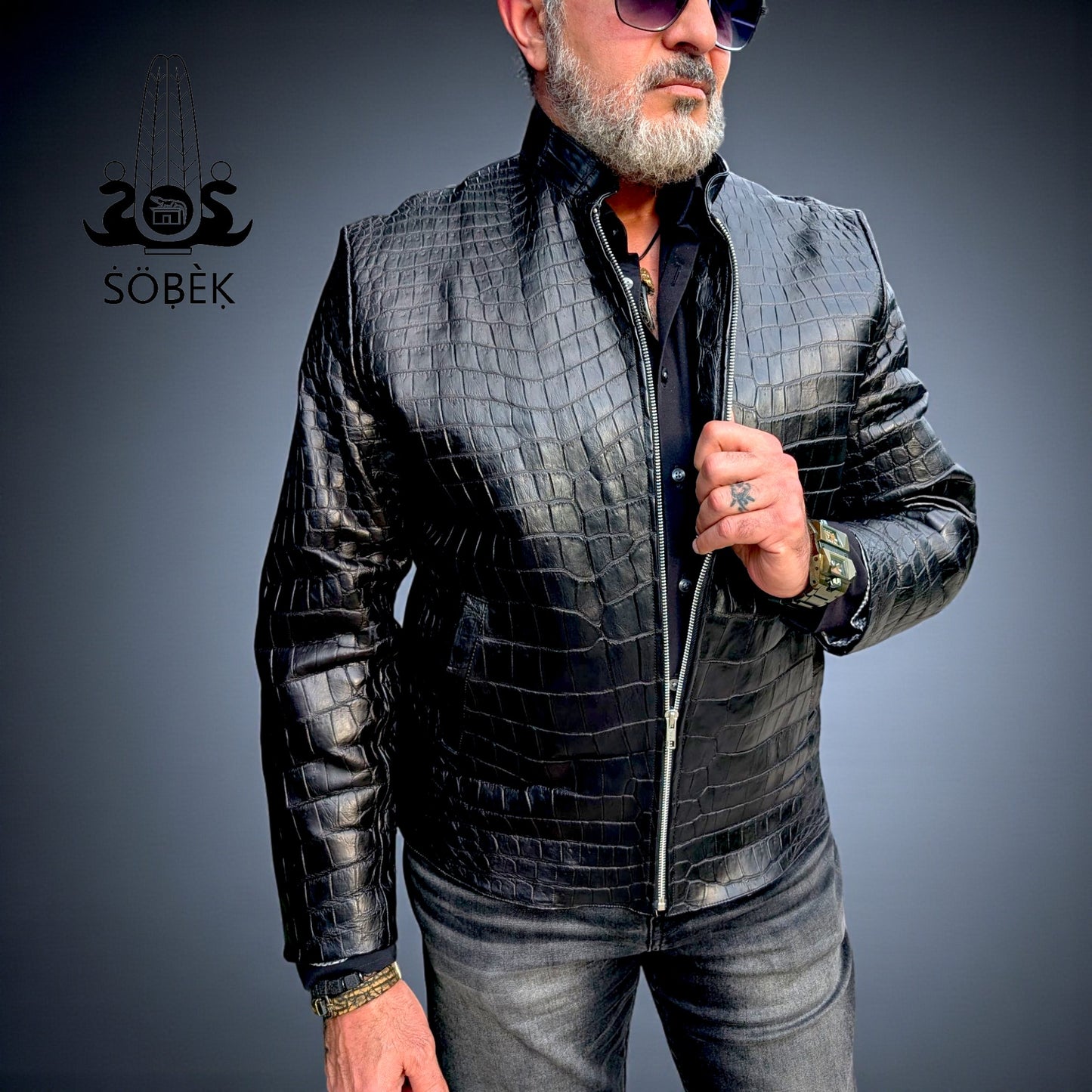 Men’s Black Alligator Leather Jacket – Luxury Exotic Skin Stand-Collar Bomber – Size XL