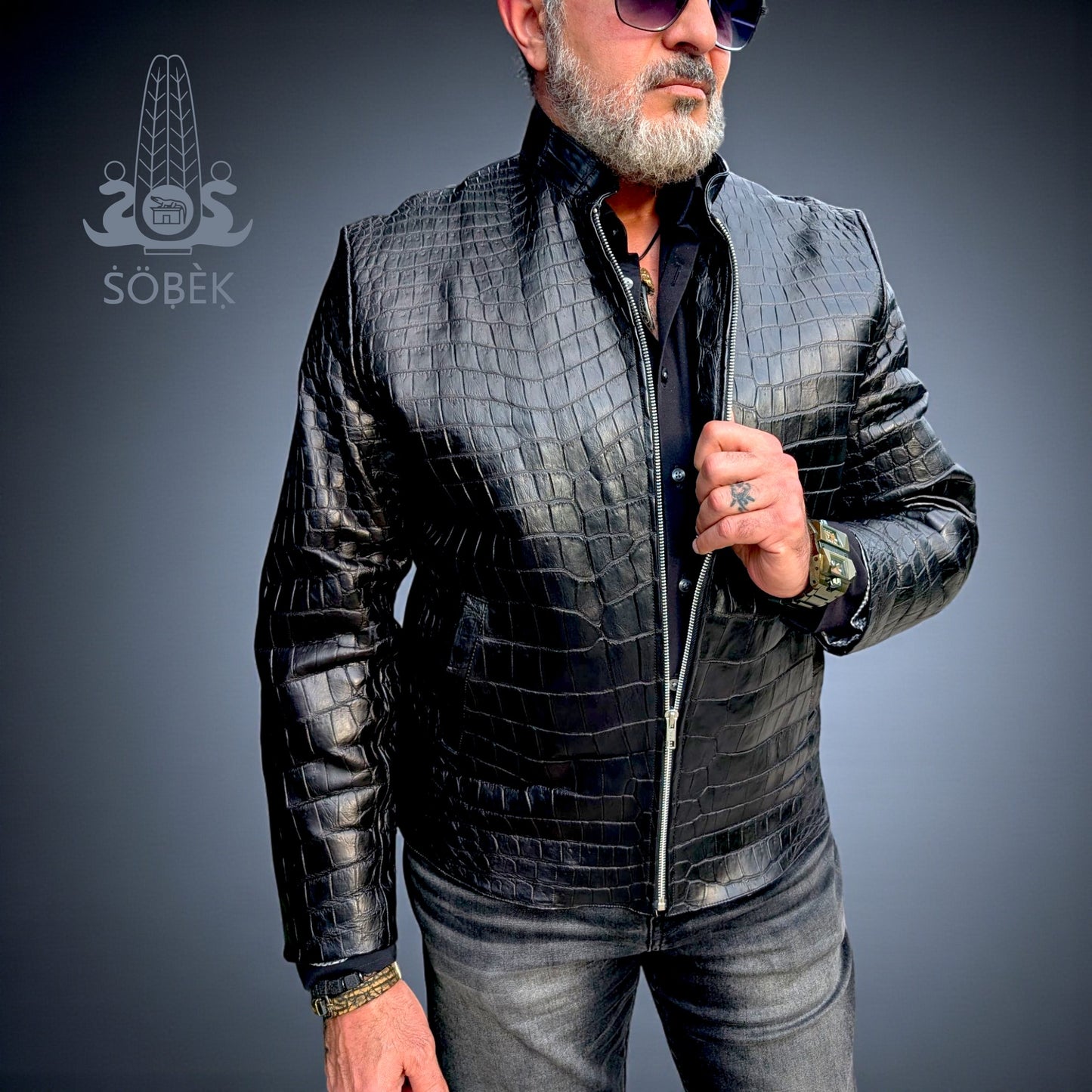 Men’s Black Alligator Leather Jacket – Luxury Exotic Skin Stand-Collar Bomber – Size XL