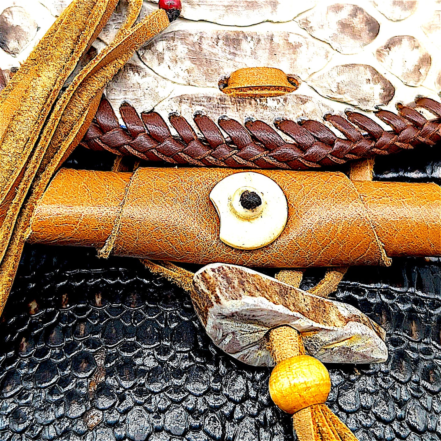Bohemian Armadillo Shell Crossbody Bag| Snakeskin| Artisan Whipstitch Leather Bag| Antler Bone| Fringe| Southwestern Fashion