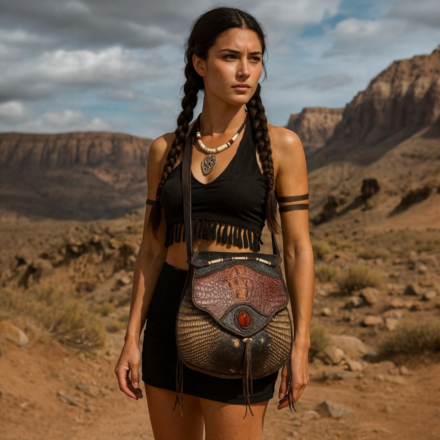 Artisan Armadillo Shell Bag with Alligator Hornback Crown, Mahogany Obsidian Stone & Antler – One of a Kind