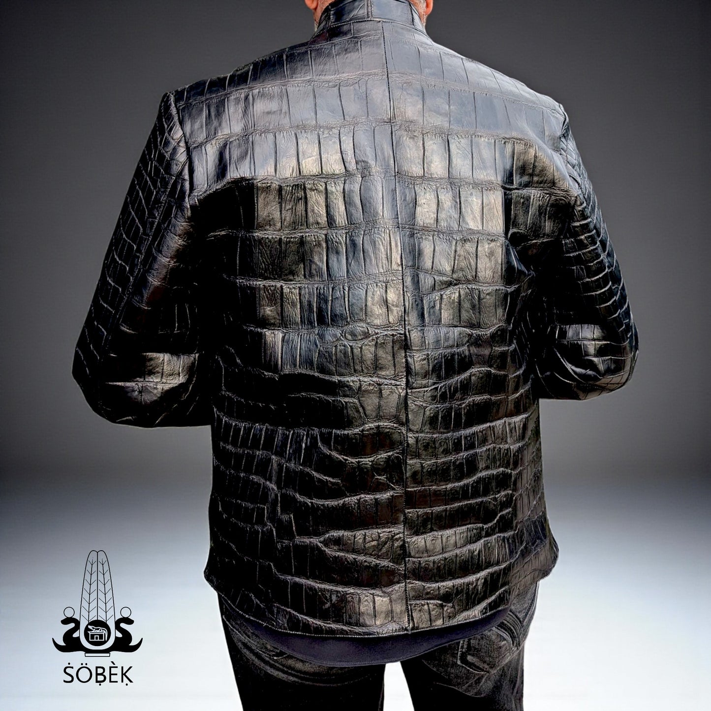 Men’s Black Alligator Leather Jacket – Luxury Exotic Skin Stand-Collar Bomber – Size XL