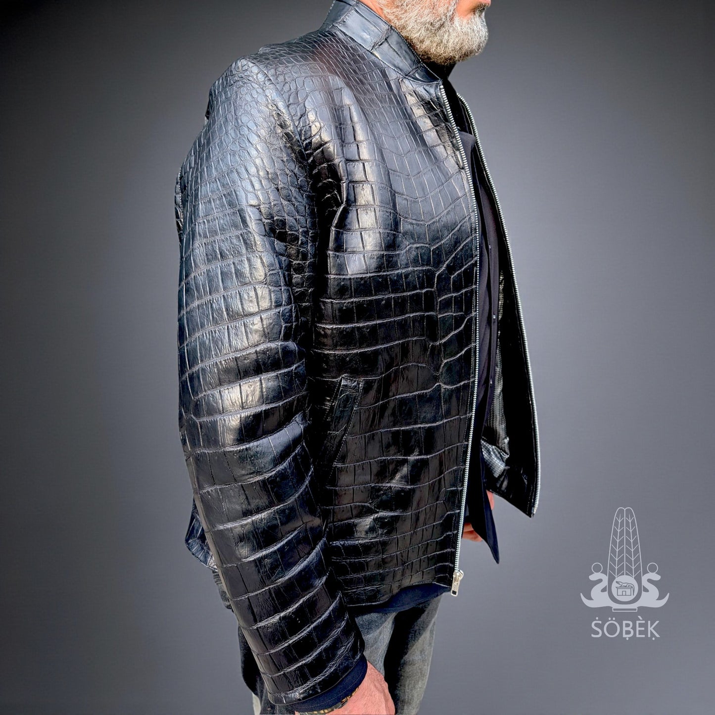 Men’s Black Alligator Leather Jacket – Luxury Exotic Skin Stand-Collar Bomber – Size XL