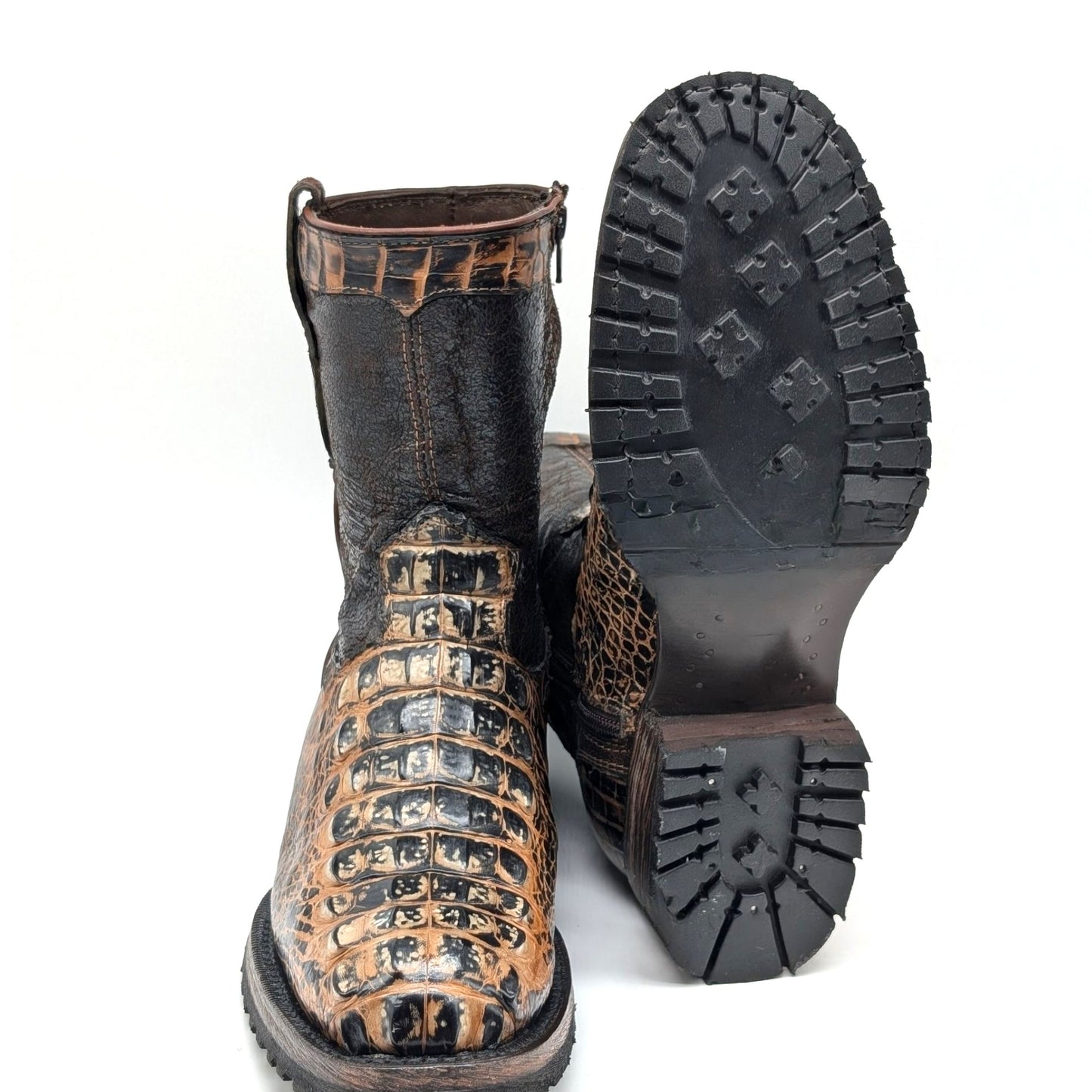 Sobek Leather – Men’s 14 US Genuine Alligator Hornback Cowboy Boots | Dubai Toe | Dark Brown Shaft | Goodyear Welt | Antique Lug Sole