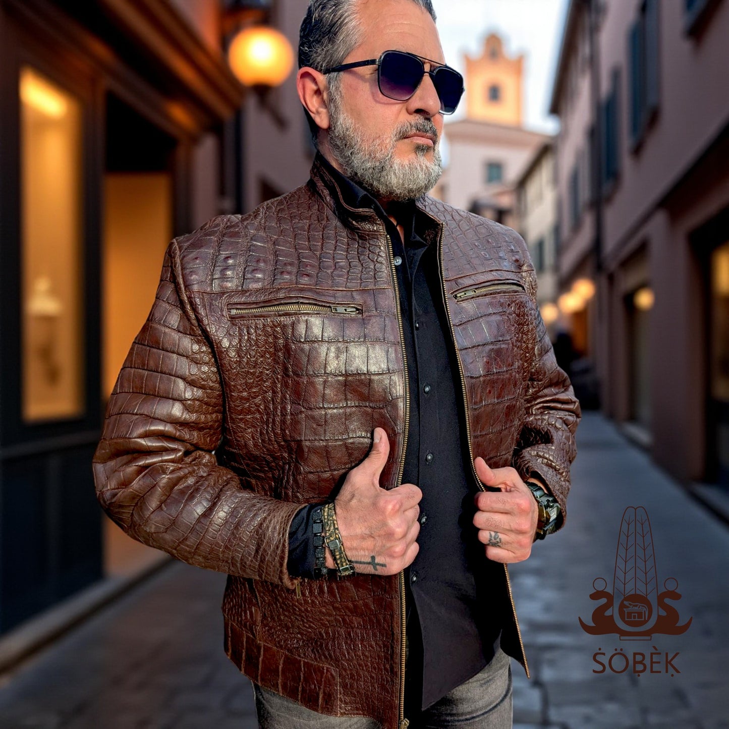 Brown Alligator Leather Bomber Jacket – Handmade Luxury Men’s Outerwear