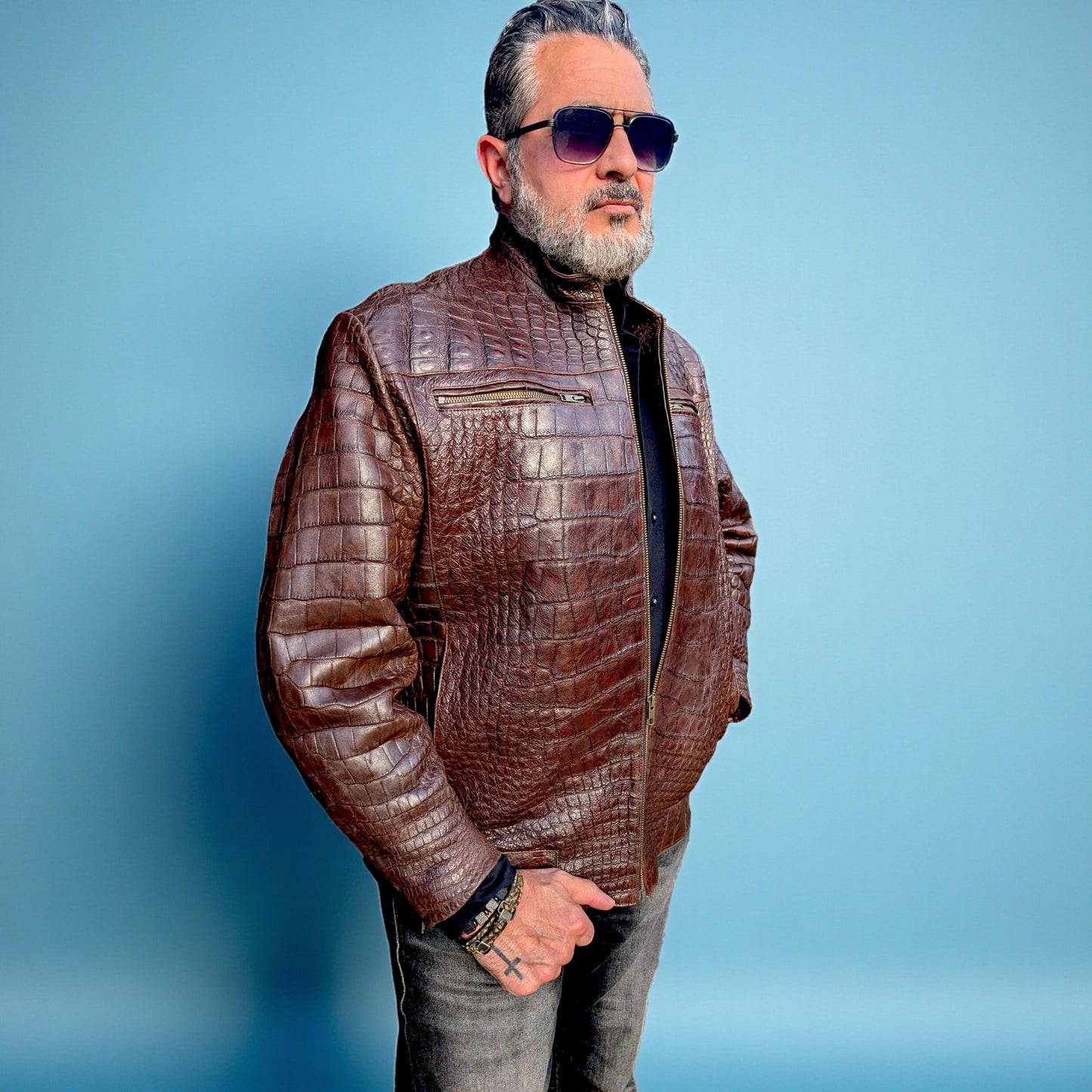Brown Alligator Leather Bomber Jacket – Handmade Luxury Men’s Outerwear