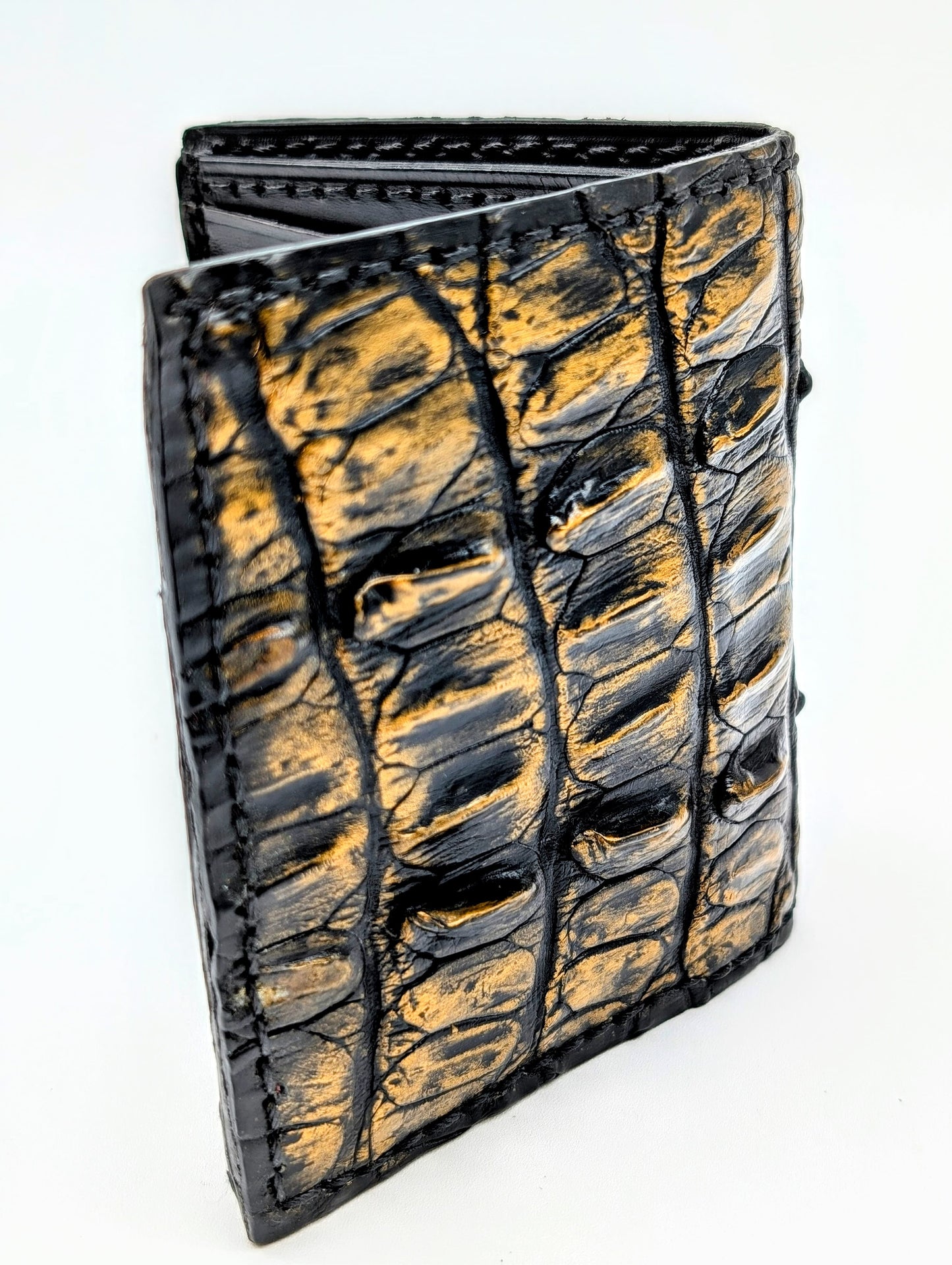 Black & Gold Genuine Alligator Hornback Leather Wallet – Full Alligator| 6 Card Slots | Sobek Leather