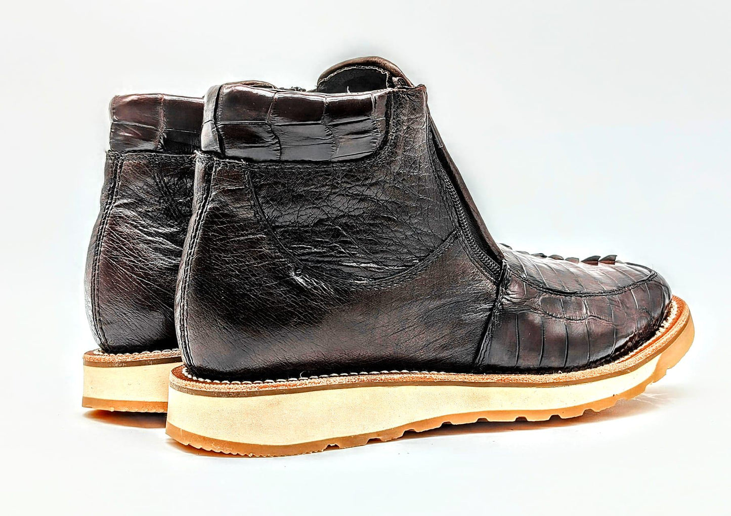 Sobek's Alligator Tail & Ostrich Skin Ankle Boots for Men, Square Toe Chelsea Boots, Dual Zipper, Goodyear Welt, Handmade, Size 9.5 US