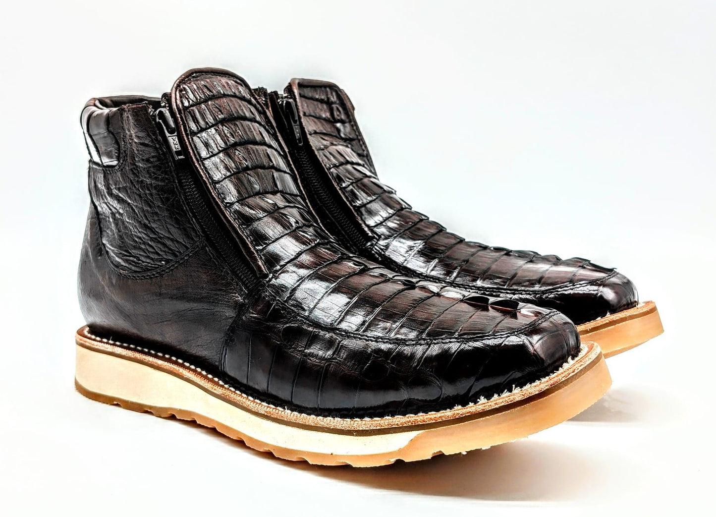 Sobek's Alligator Tail & Ostrich Skin Ankle Boots for Men, Square Toe Chelsea Boots, Dual Zipper, Goodyear Welt, Handmade, Size 9.5 US