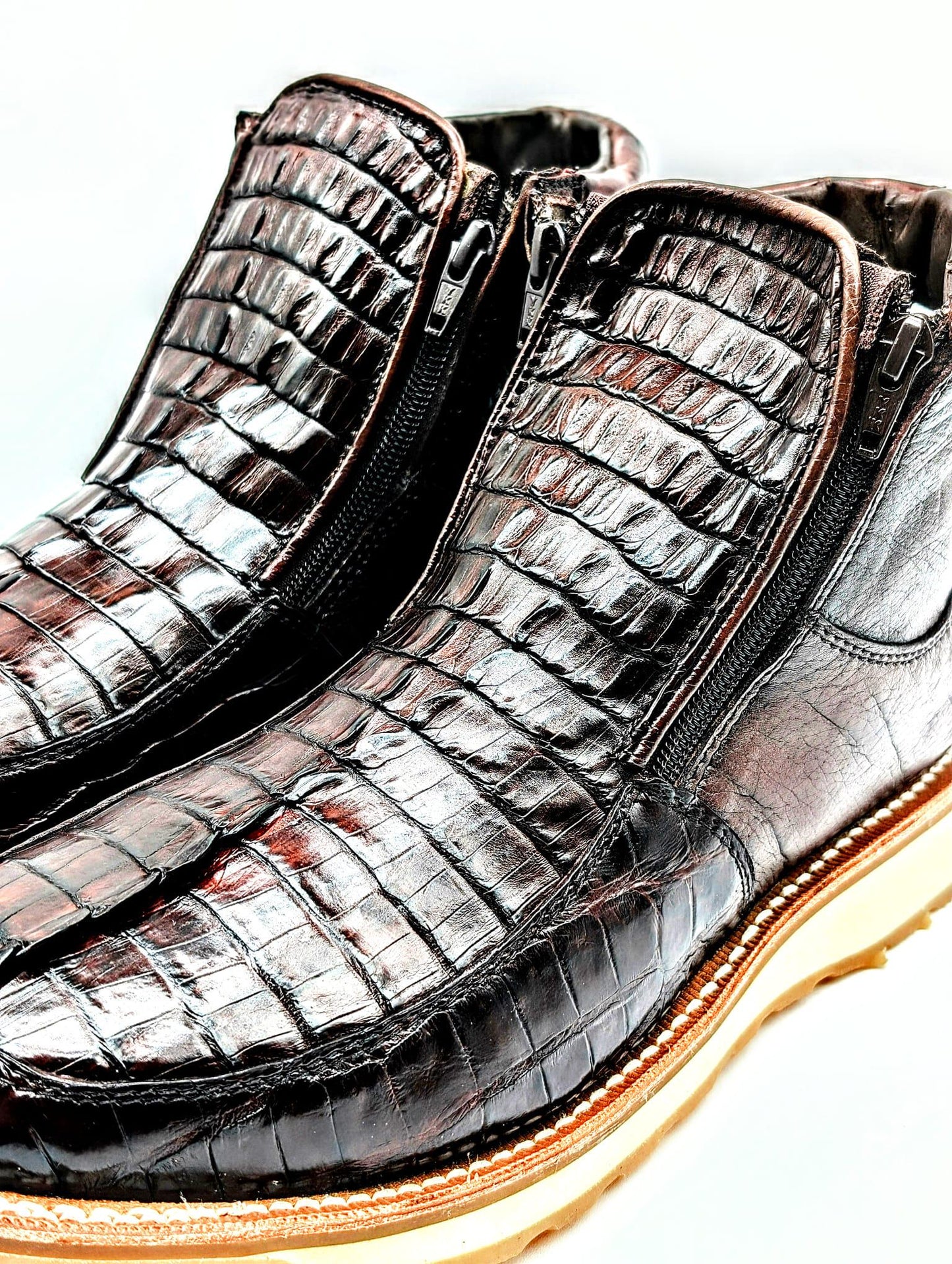 Sobek's Alligator Tail & Ostrich Skin Ankle Boots for Men, Square Toe Chelsea Boots, Dual Zipper, Goodyear Welt, Handmade, Size 9.5 US