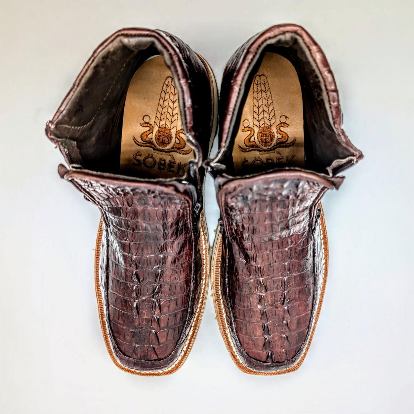 Sobek's Alligator Tail & Ostrich Skin Ankle Boots for Men, Square Toe Chelsea Boots, Dual Zipper, Goodyear Welt, Handmade, Size 9.5 US