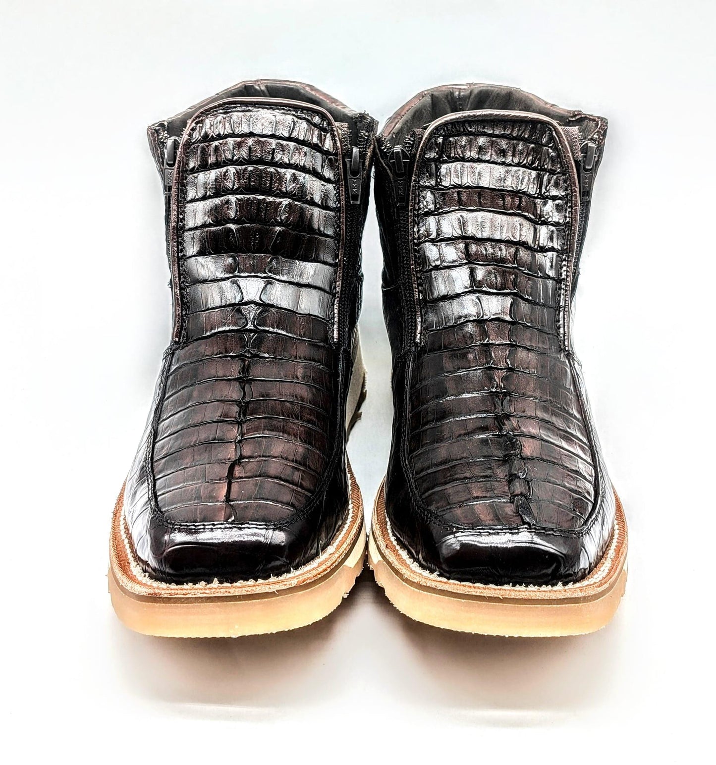 Sobek's Alligator Tail & Ostrich Skin Ankle Boots for Men, Square Toe Chelsea Boots, Dual Zipper, Goodyear Welt, Handmade, Size 9.5 US
