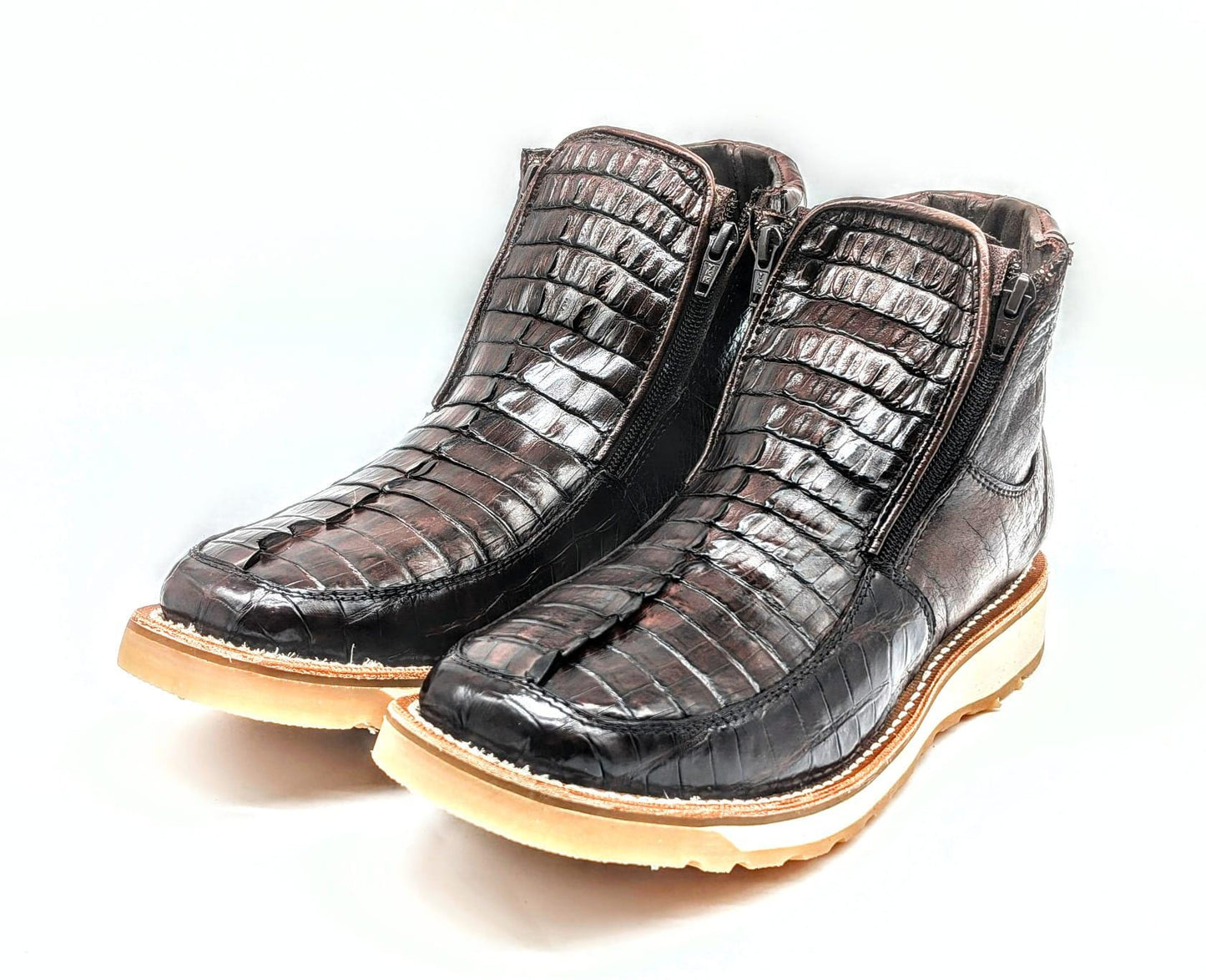 Sobek's Alligator Tail & Ostrich Skin Ankle Boots for Men, Square Toe Chelsea Boots, Dual Zipper, Goodyear Welt, Handmade, Size 9.5 US