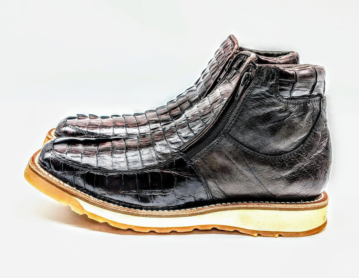 Sobek's Alligator Tail & Ostrich Skin Ankle Boots for Men, Square Toe Chelsea Boots, Dual Zipper, Goodyear Welt, Handmade, Size 9.5 US
