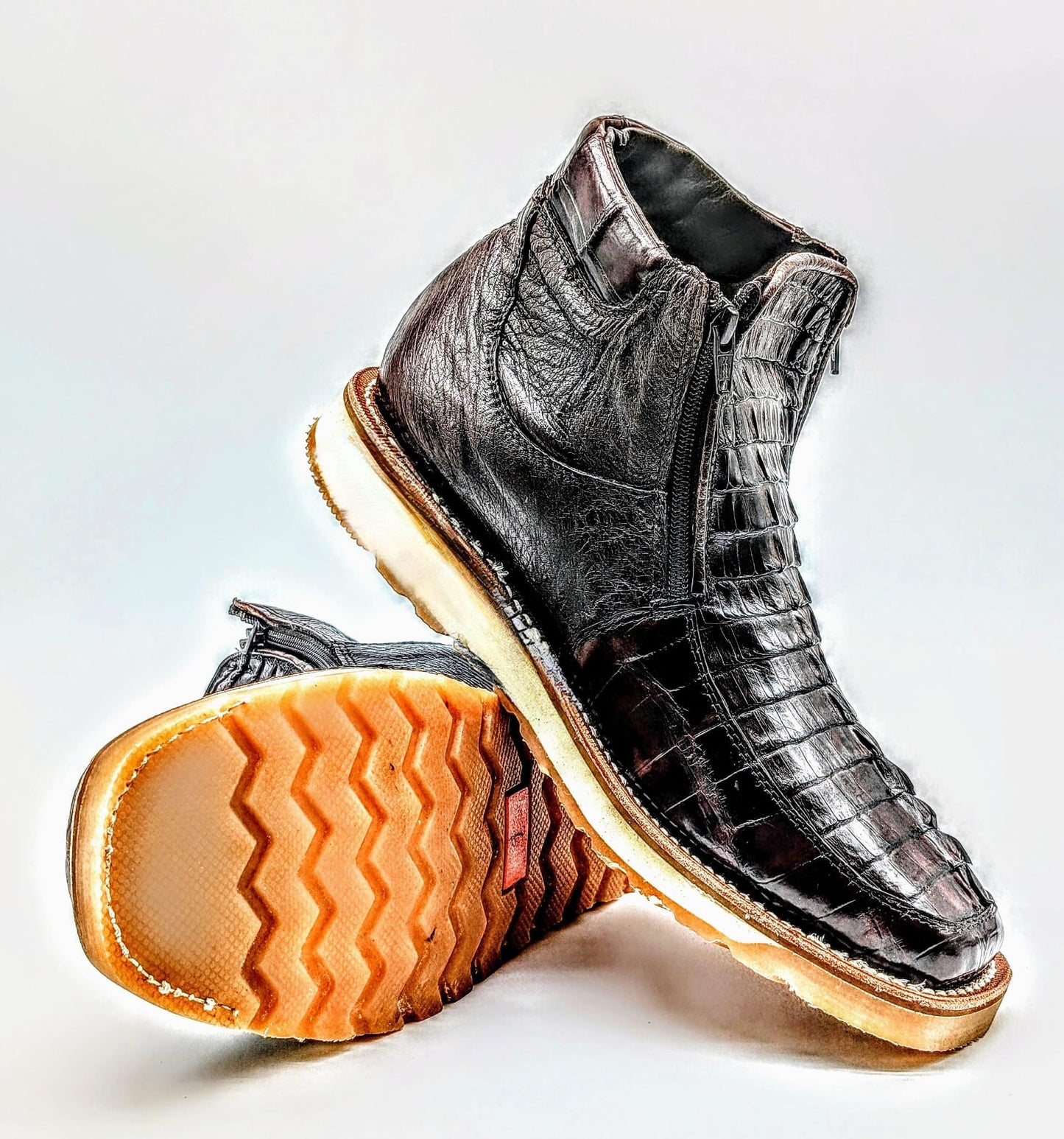 Sobek's Alligator Tail & Ostrich Skin Ankle Boots for Men, Square Toe Chelsea Boots, Dual Zipper, Goodyear Welt, Handmade, Size 9.5 US