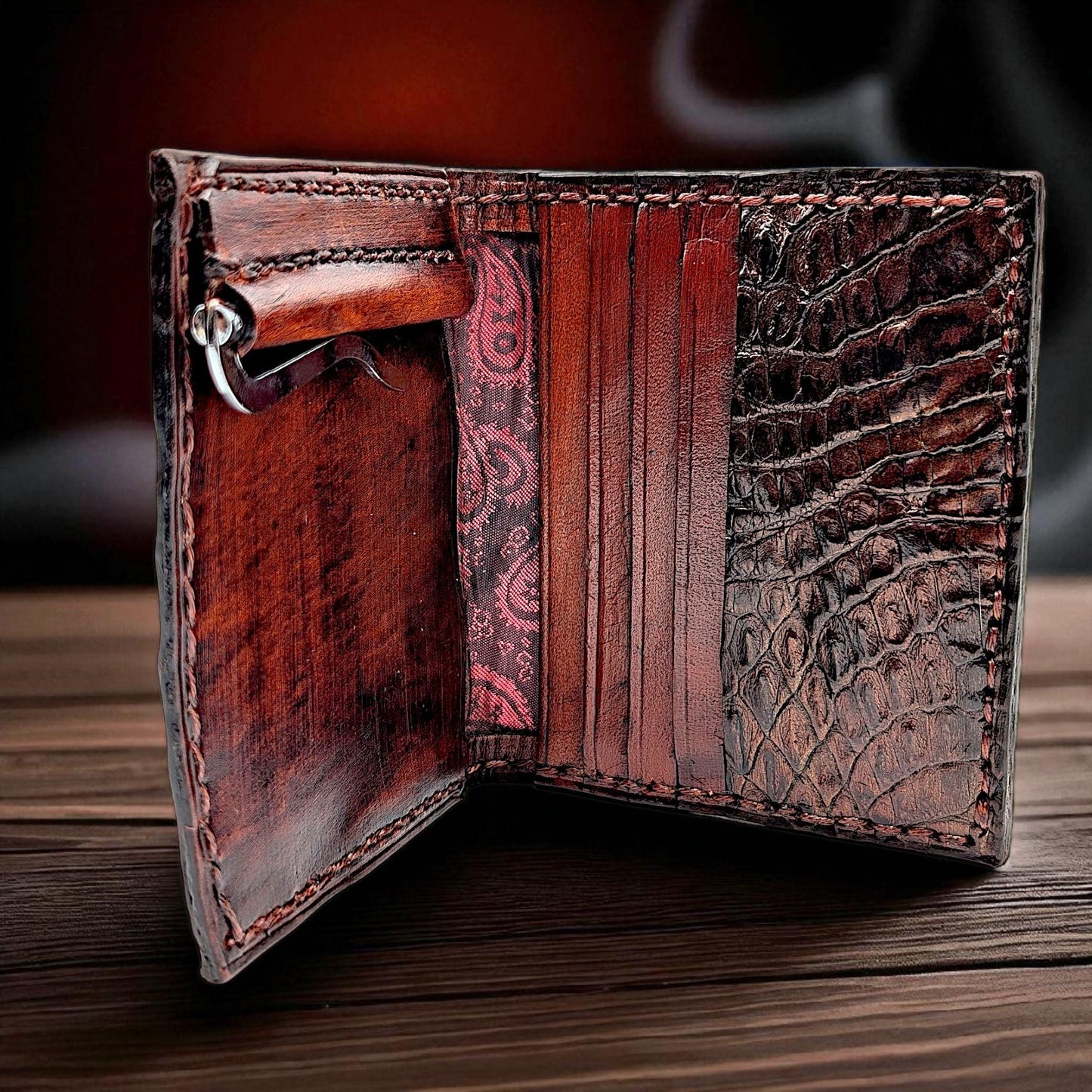 Men's Alligator Leather Money Clip Wallet 3 Card Slots, Hidden Pocket, Luxurious Poplin Lining, Handmade, Wallet for Men, Gift for him
