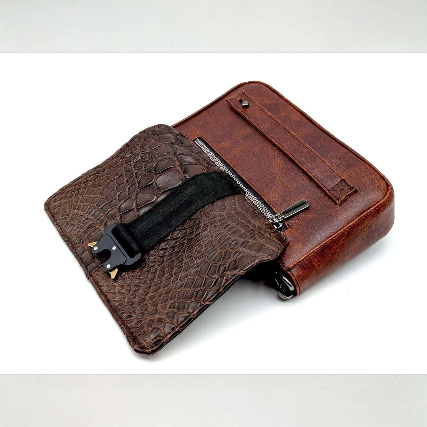 Alligator Leather Crossbody Bag, Tactical Buckle Purse, Handmade Exotic Leather Shoulder Bag, Luxury Brown Clutch, Artisan Unisex Gift