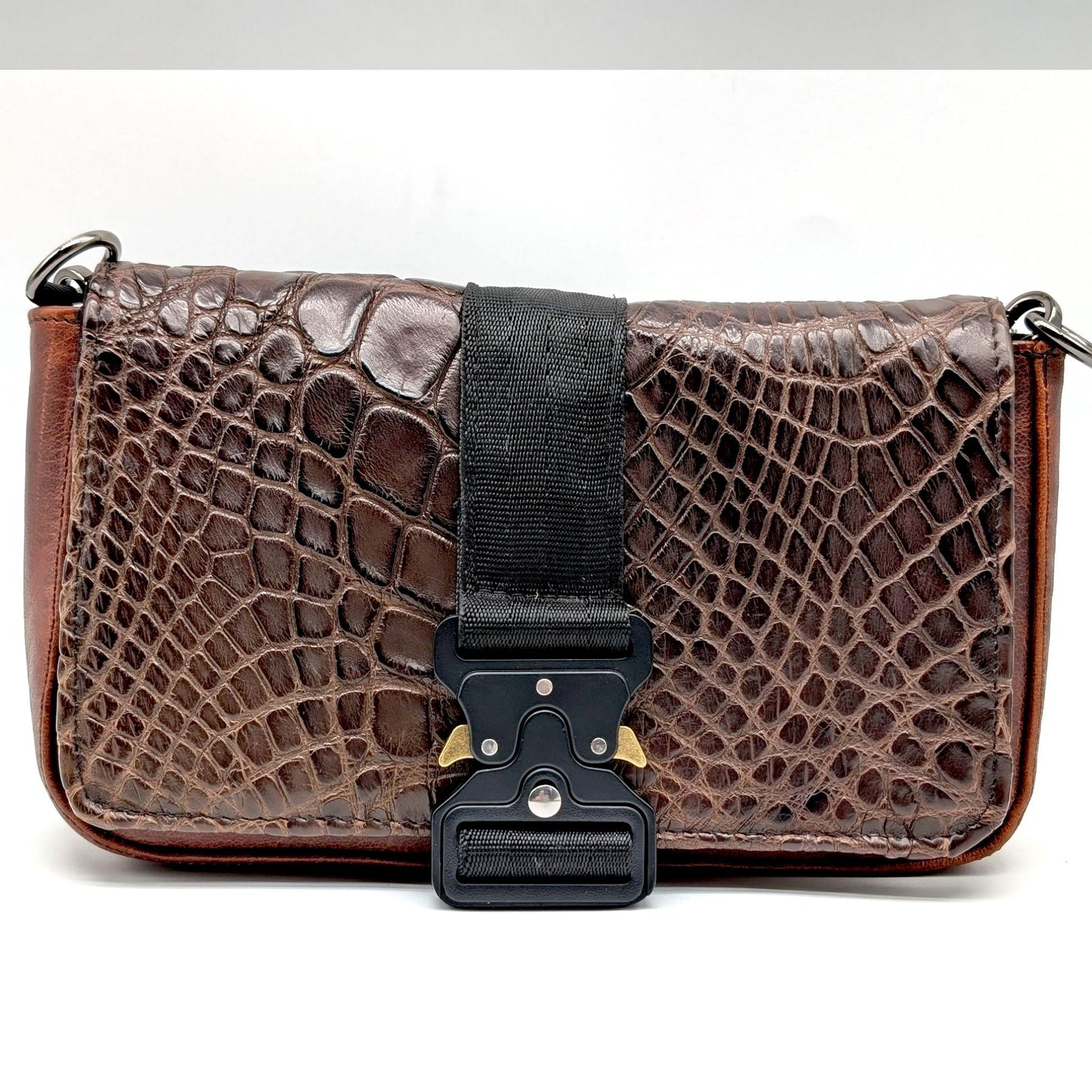 Alligator Leather Crossbody Bag, Tactical Buckle Purse, Handmade Exotic Leather Shoulder Bag, Luxury Brown Clutch, Artisan Unisex Gift