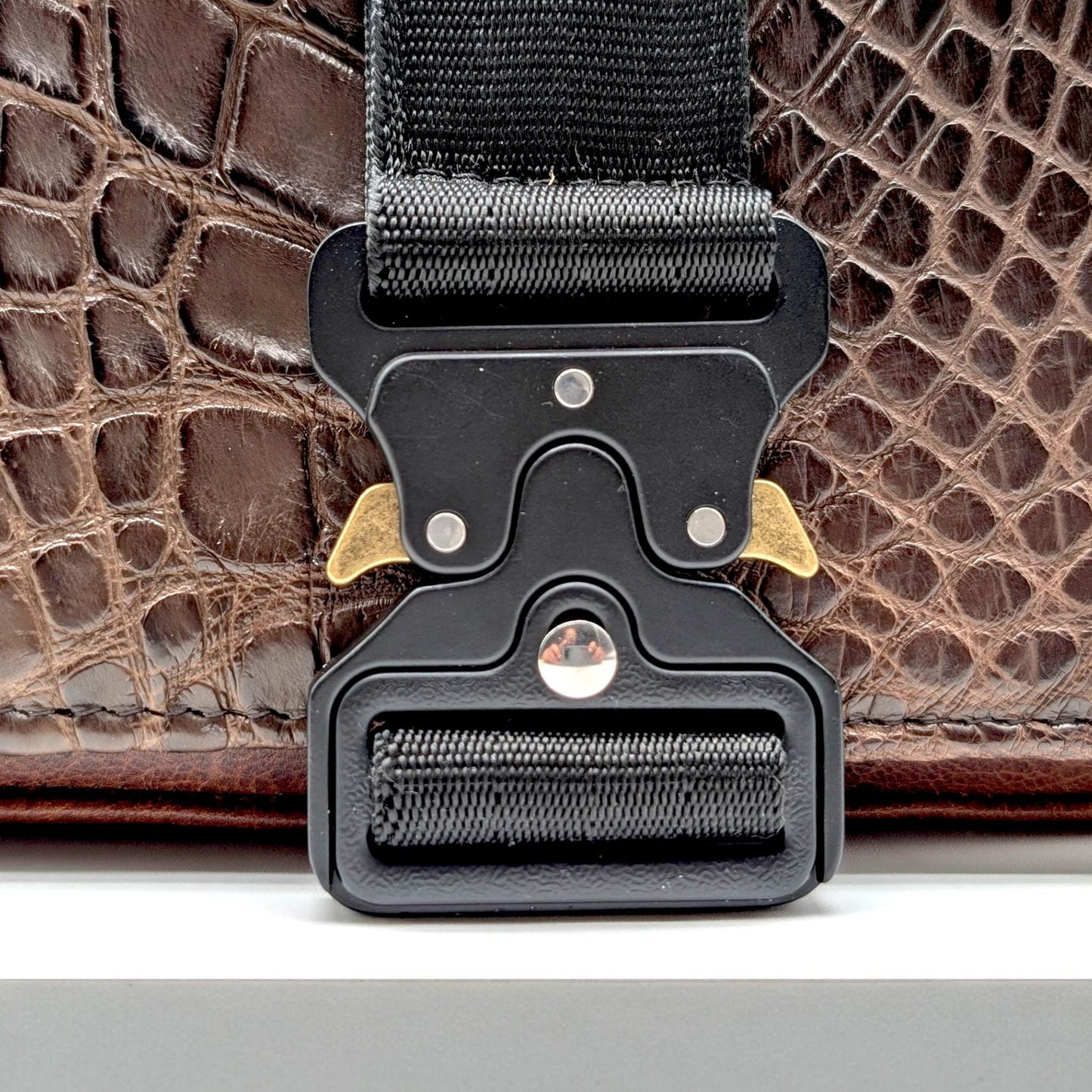 Alligator Leather Crossbody Bag, Tactical Buckle Purse, Handmade Exotic Leather Shoulder Bag, Luxury Brown Clutch, Artisan Unisex Gift